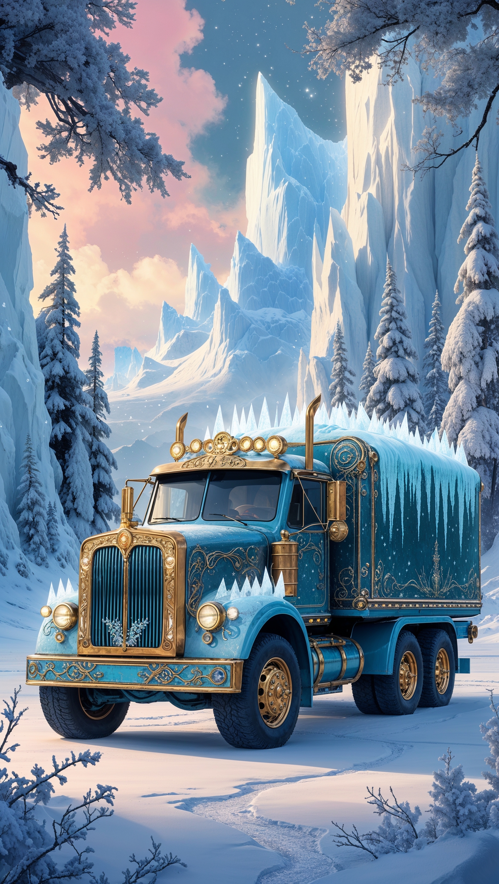 A fantasy ice truck in a frozen world, magical style, iPhone wallpaper