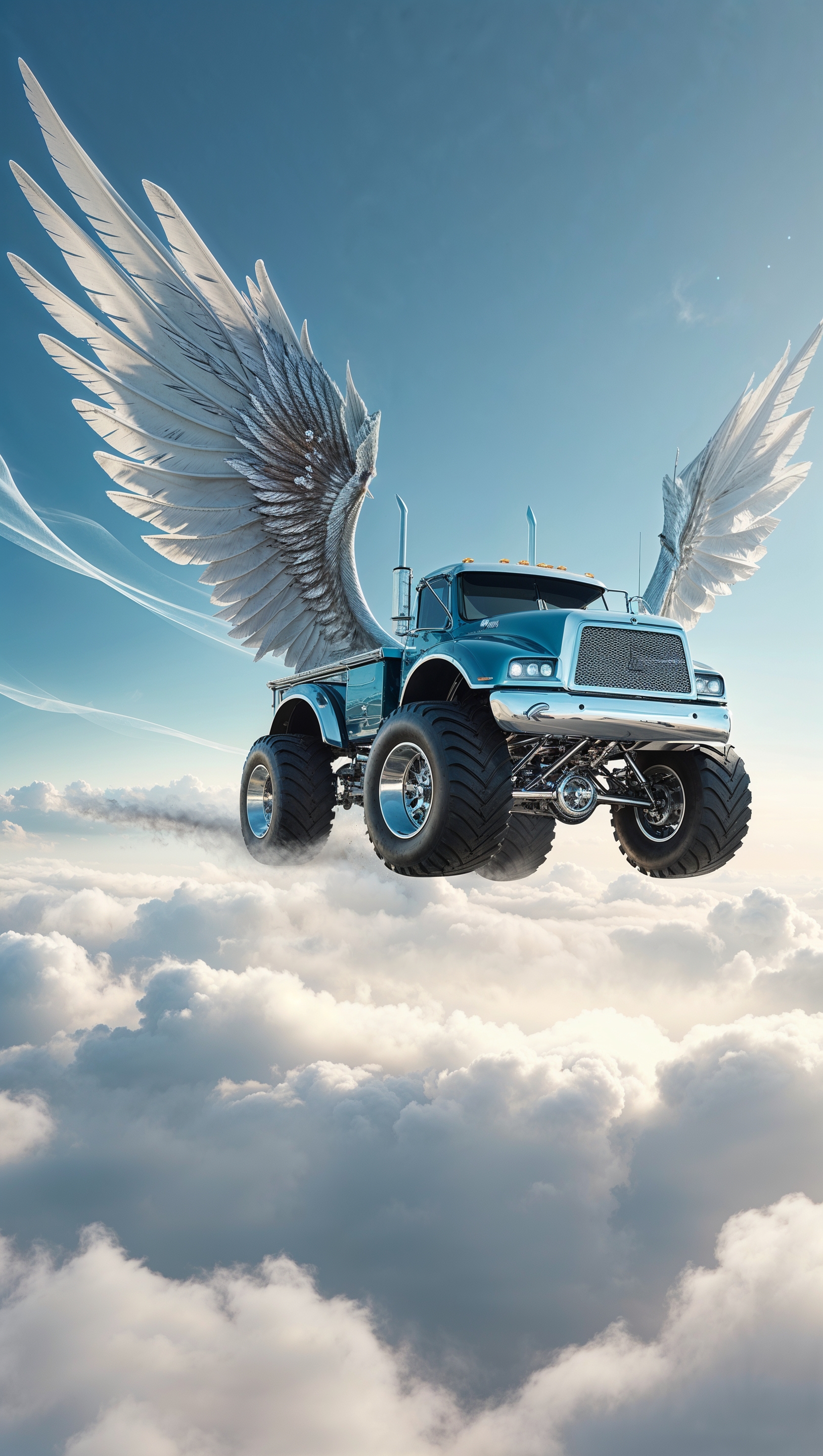 A fantasy truck with wings flying through the clouds, iPhone wallpaper