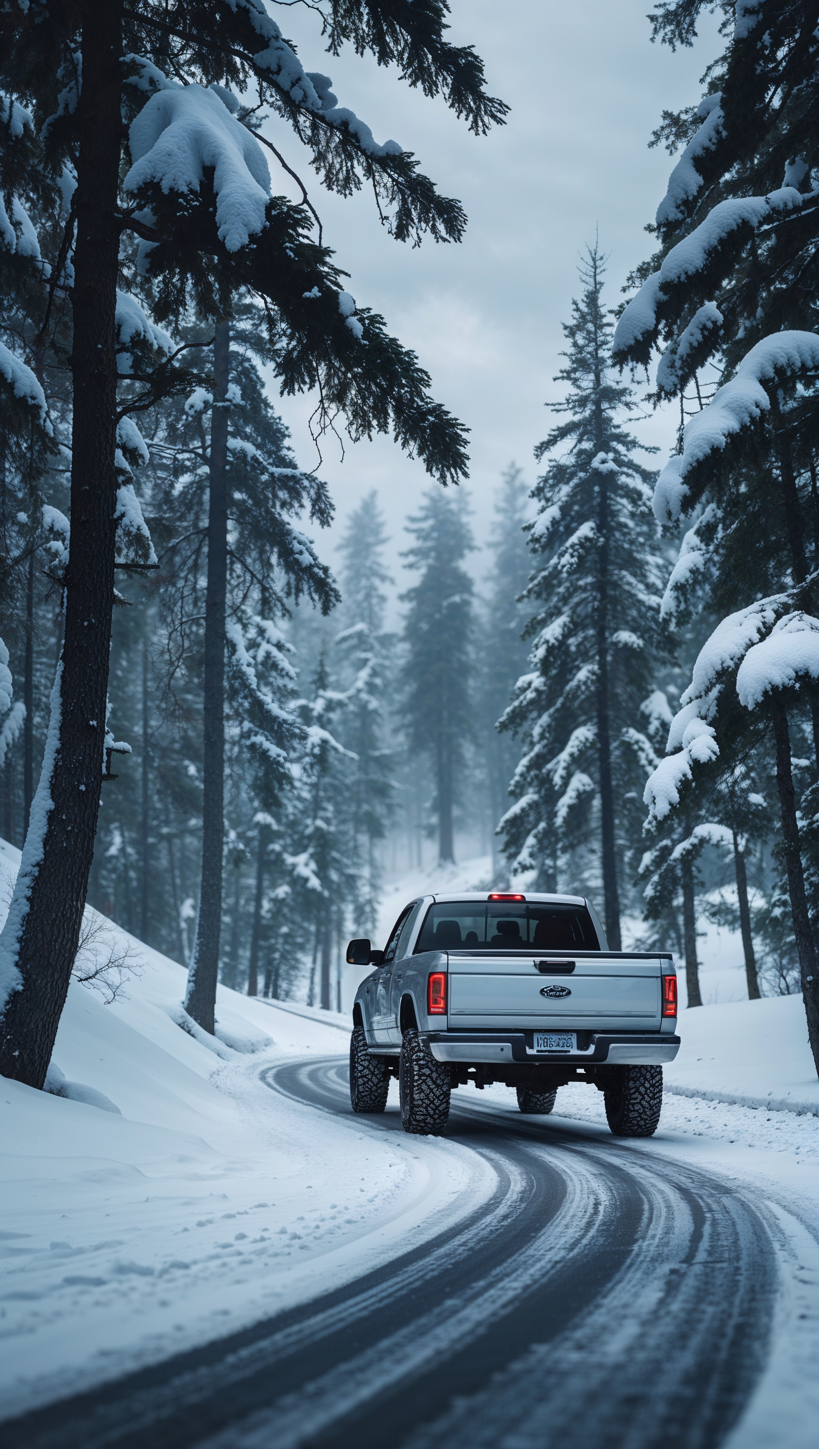 A truck driving on a snowy road in a forest, iPhone wallpaper