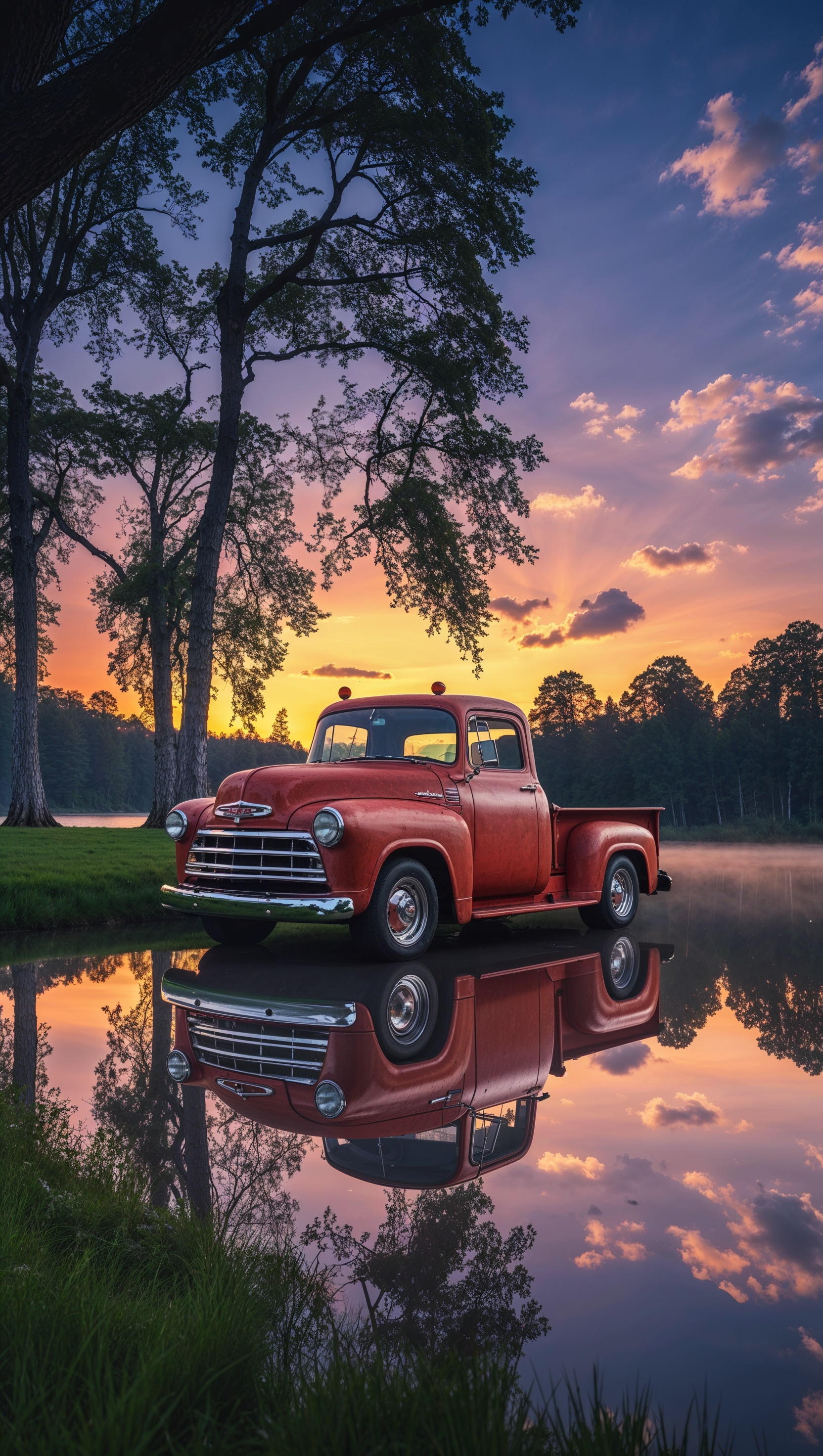 A truck reflected in a still lake at sunrise, iPhone wallpaper