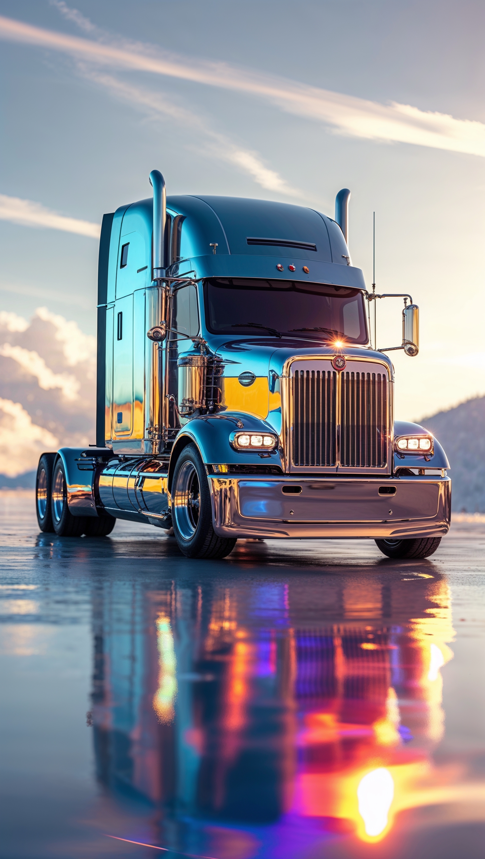 Chrome truck shining under bright sunlight, clean and detailed, iPhone wallpaper