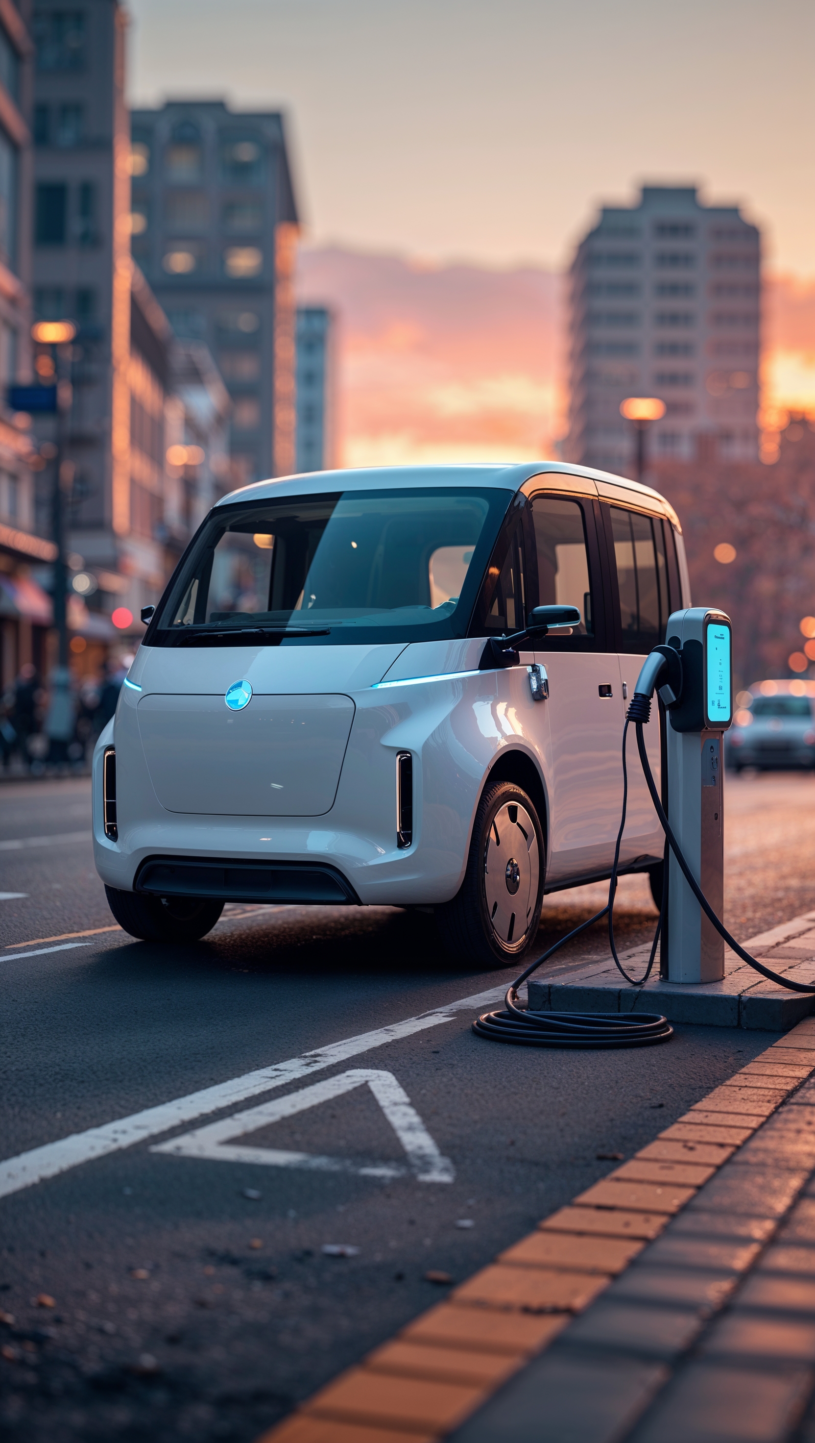Electric delivery truck charging in a city at dawn, iPhone wallpaper