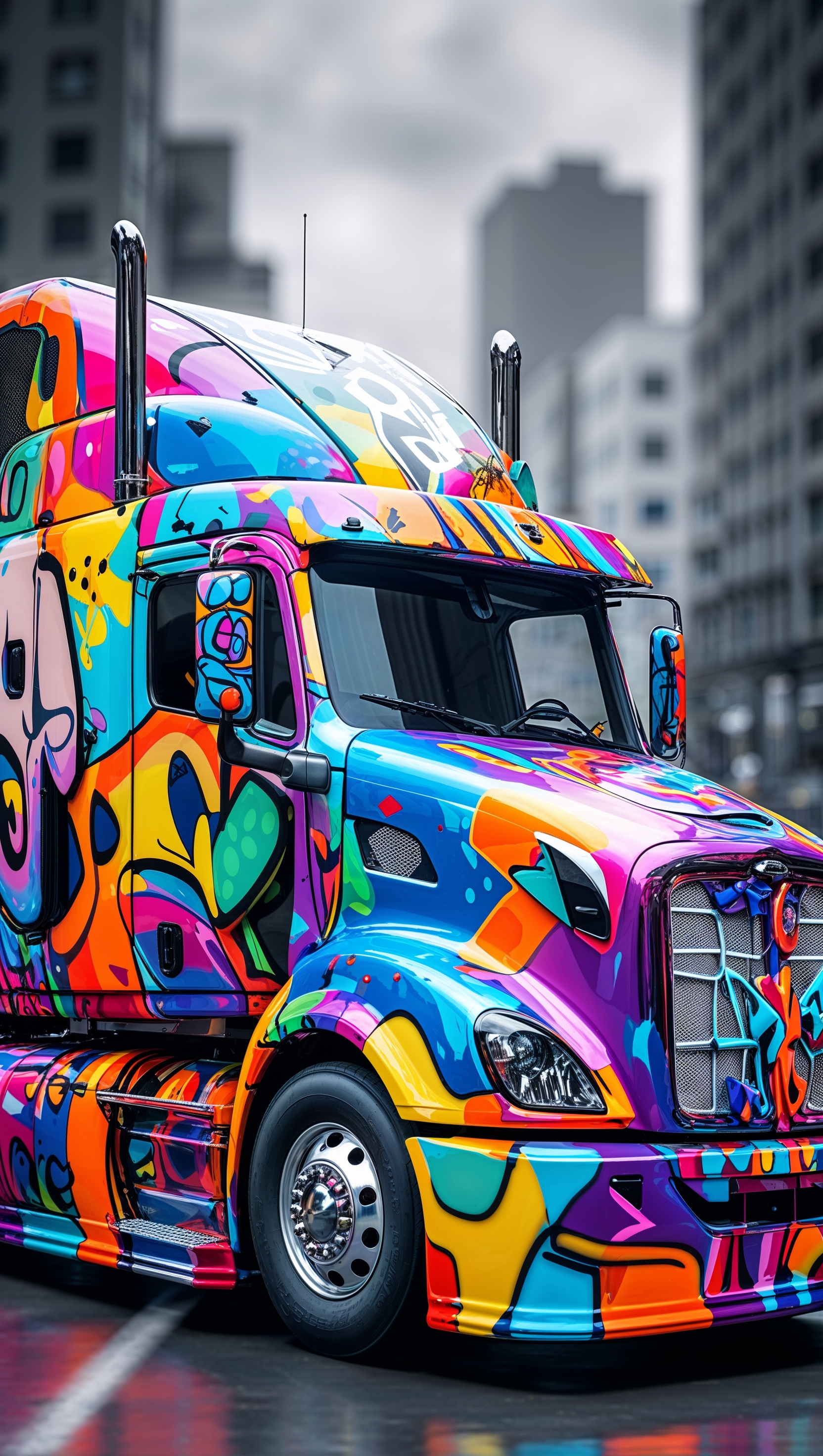 A truck with graffiti art on the body, urban style, iPhone wallpaper