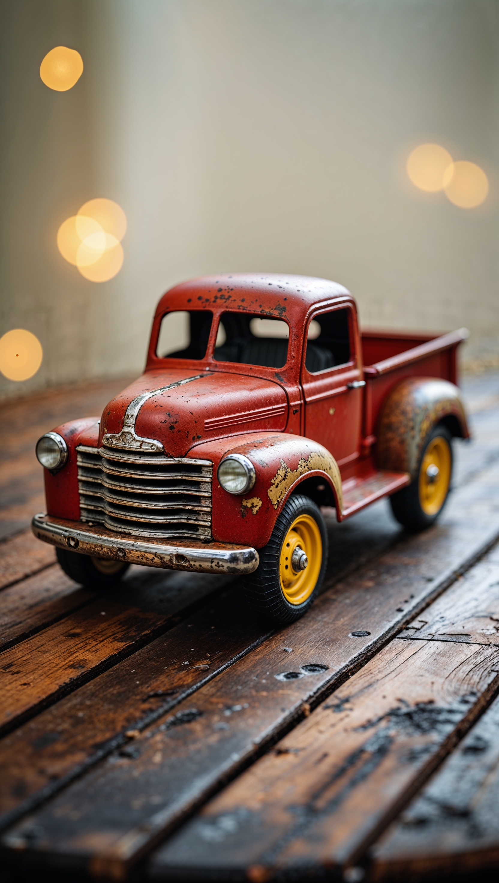 A toy truck on a wooden table, nostalgic feel, iPhone wallpaper