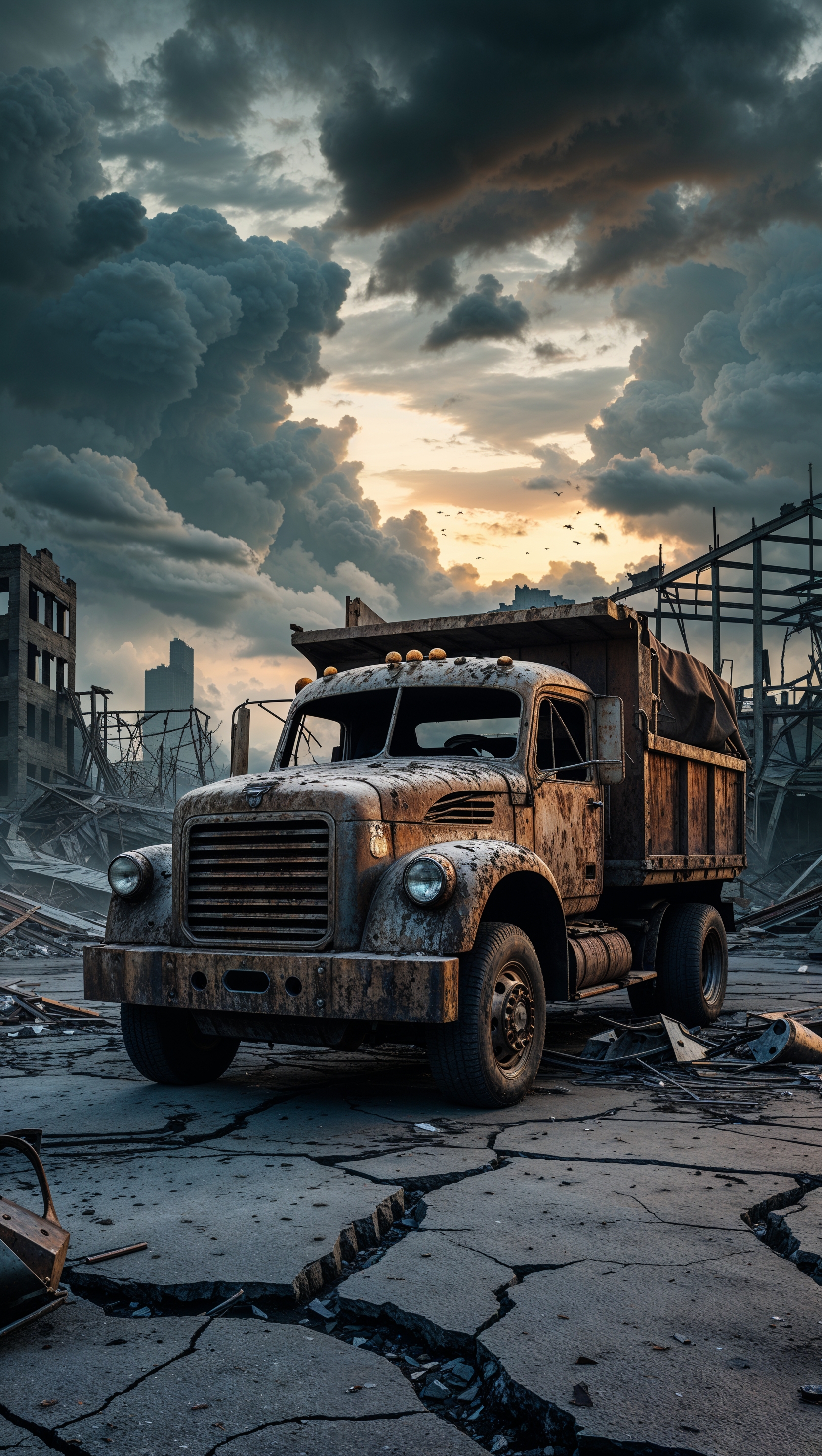 Post-apocalyptic truck in a destroyed city, dark tones, iPhone wallpaper
