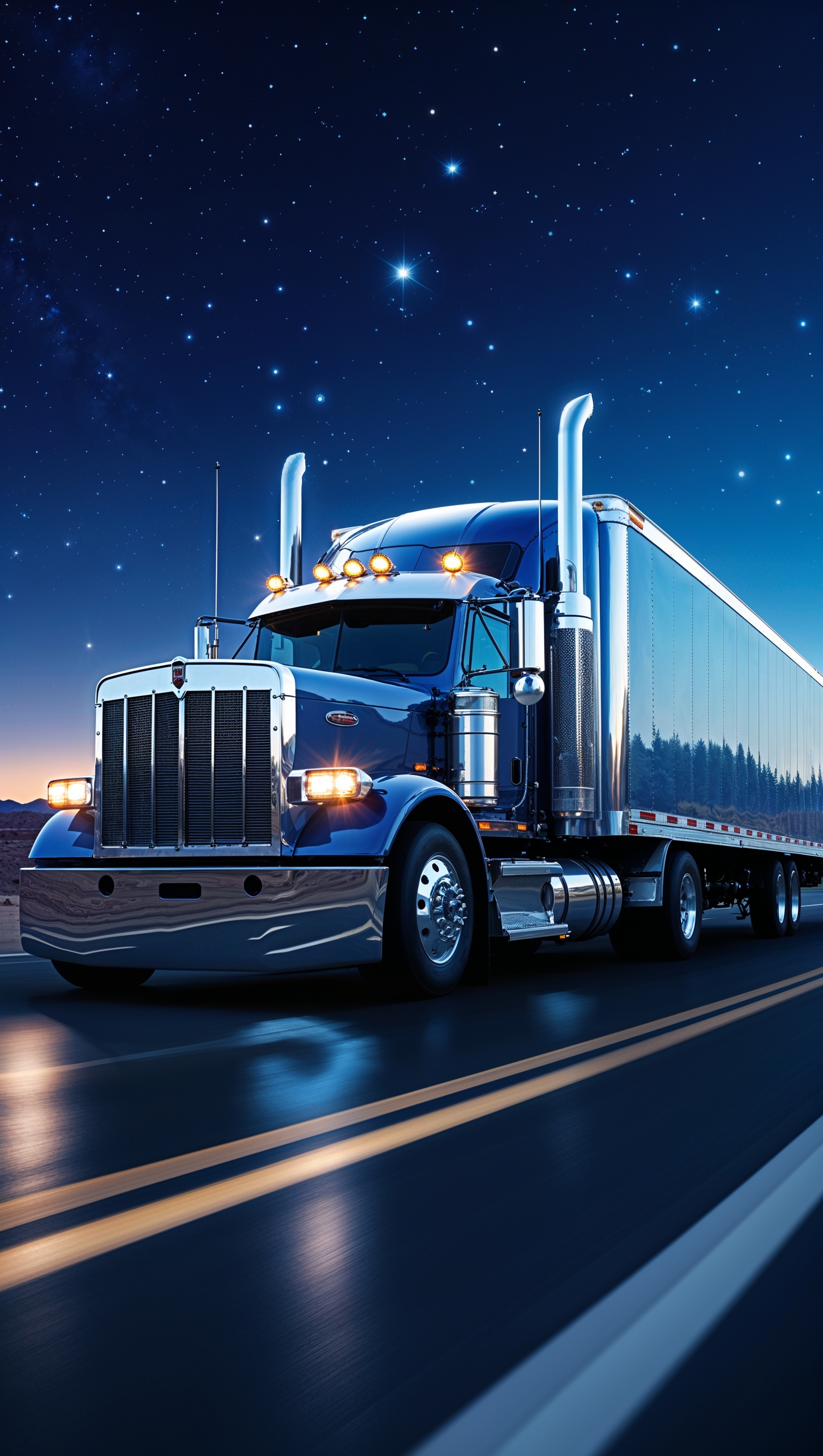 Big rig truck driving under a starry night sky, iPhone wallpaper