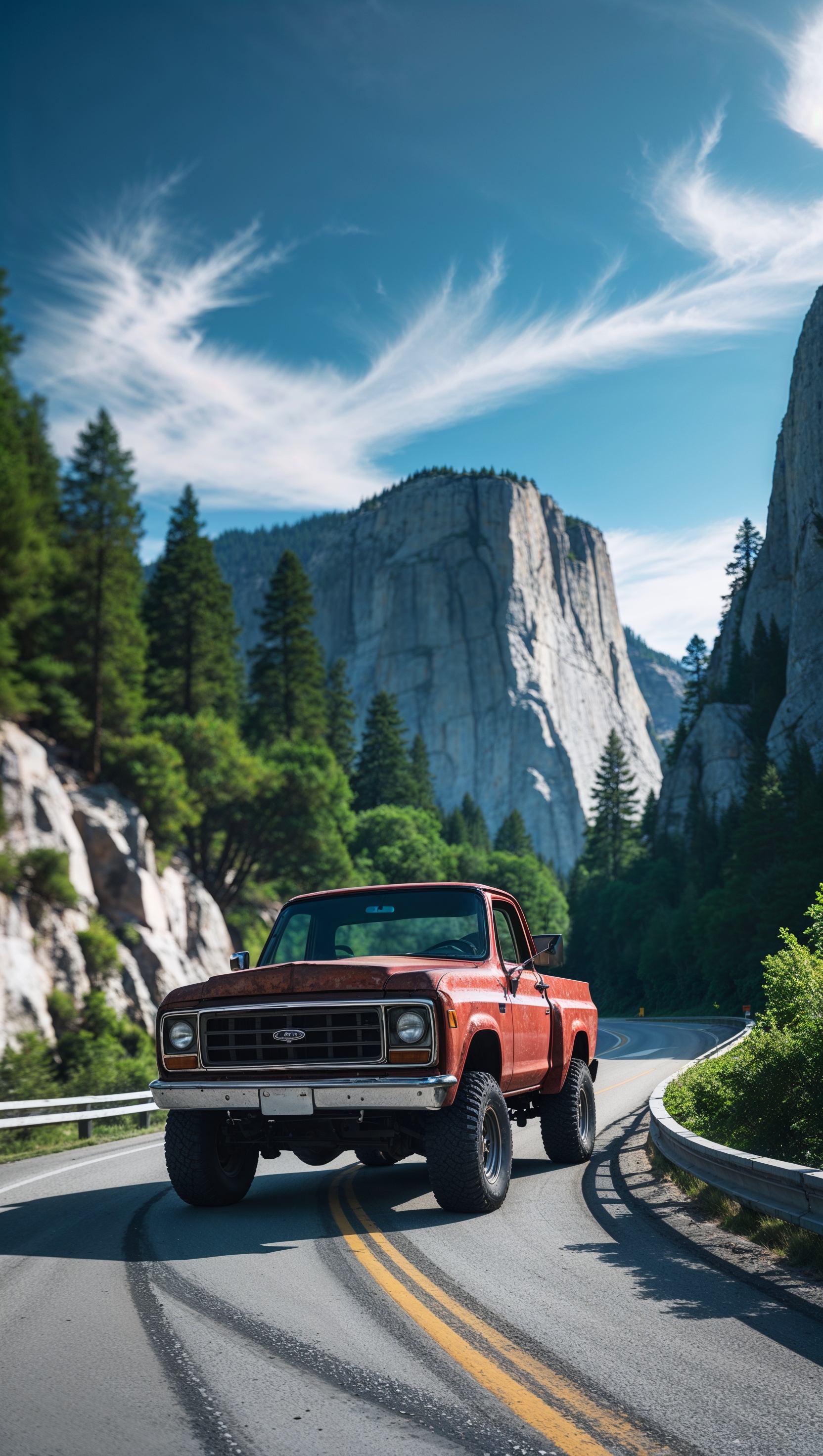 Truck on a winding mountain road, cinematic view, iPhone wallpaper