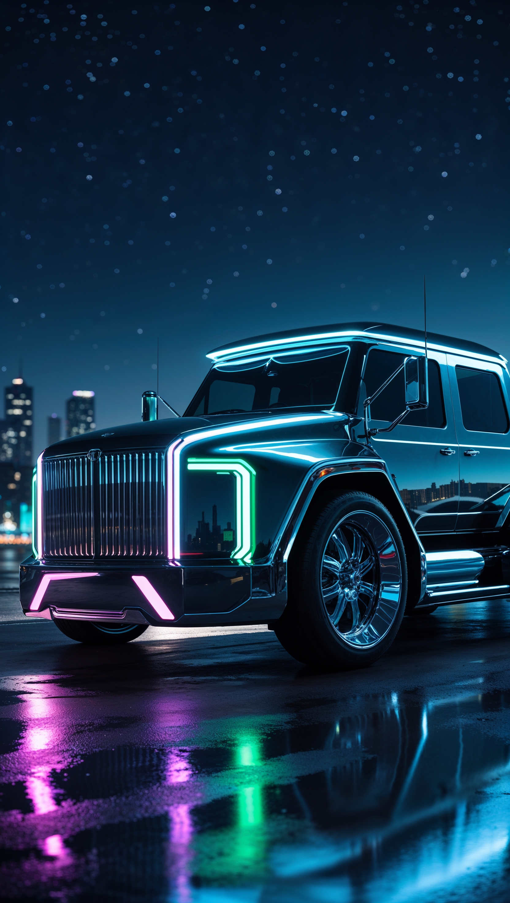 Futuristic electric truck with neon lights at night, iPhone wallpaper
