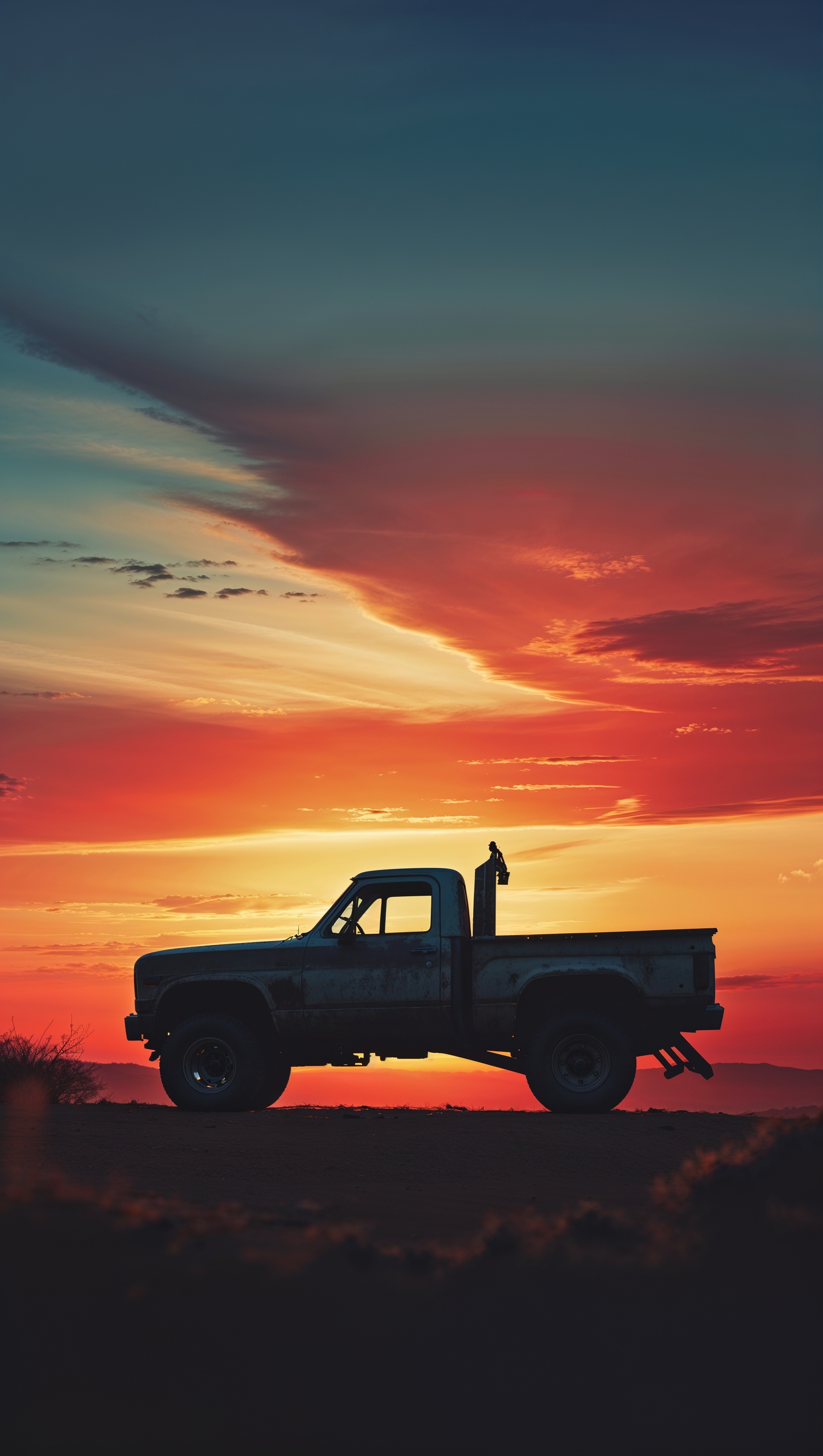 Truck silhouetted against a blazing sunset, iPhone wallpaper