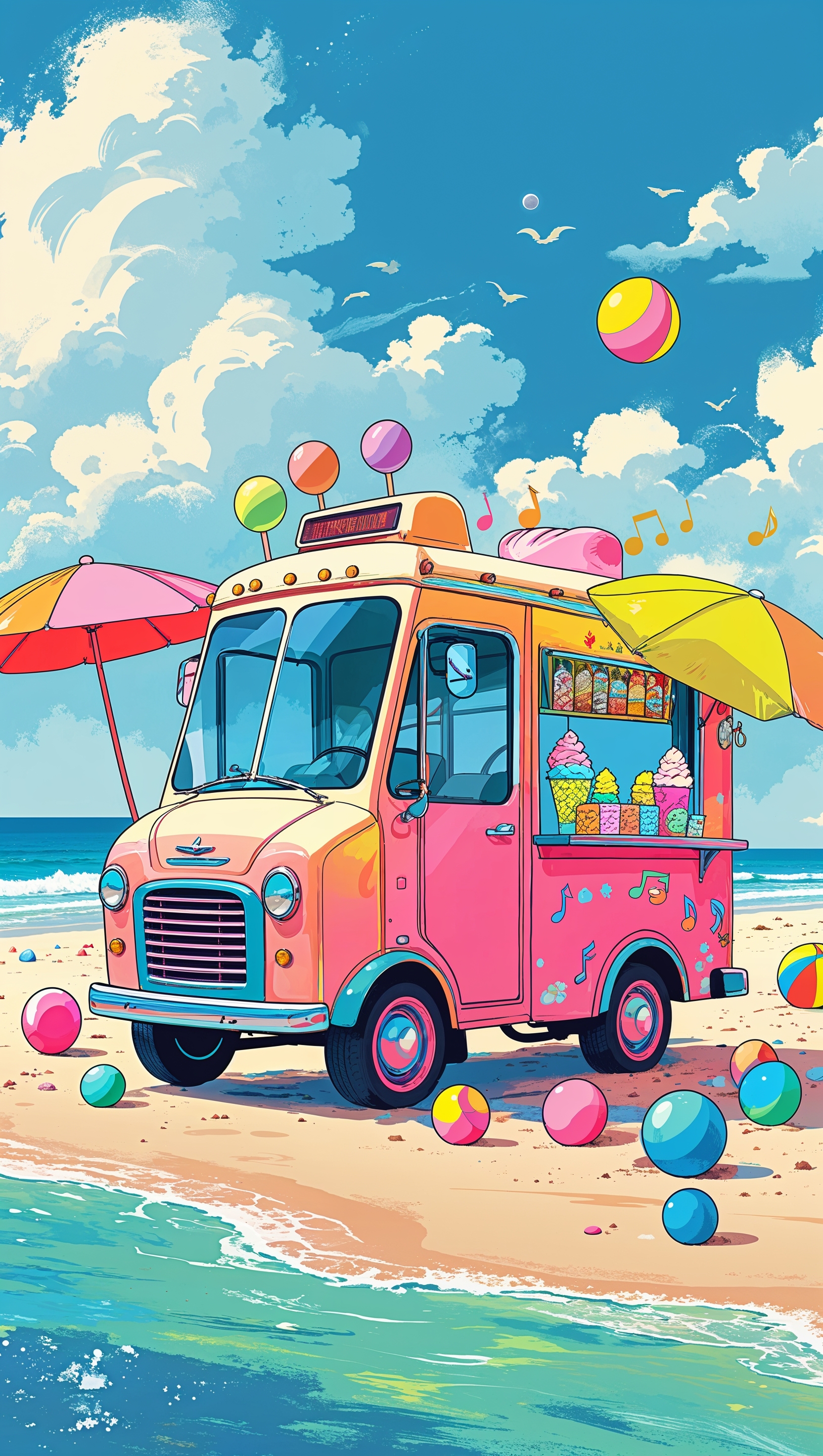 Ice cream truck in a sunny beach scene, cartoon style, iPhone wallpaper