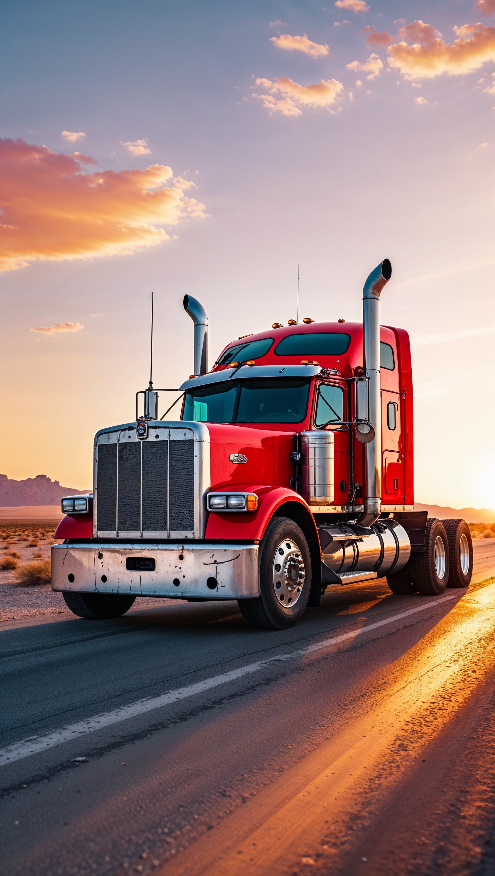 A red semi-truck driving through a desert at sunset, iPhone wallpaper