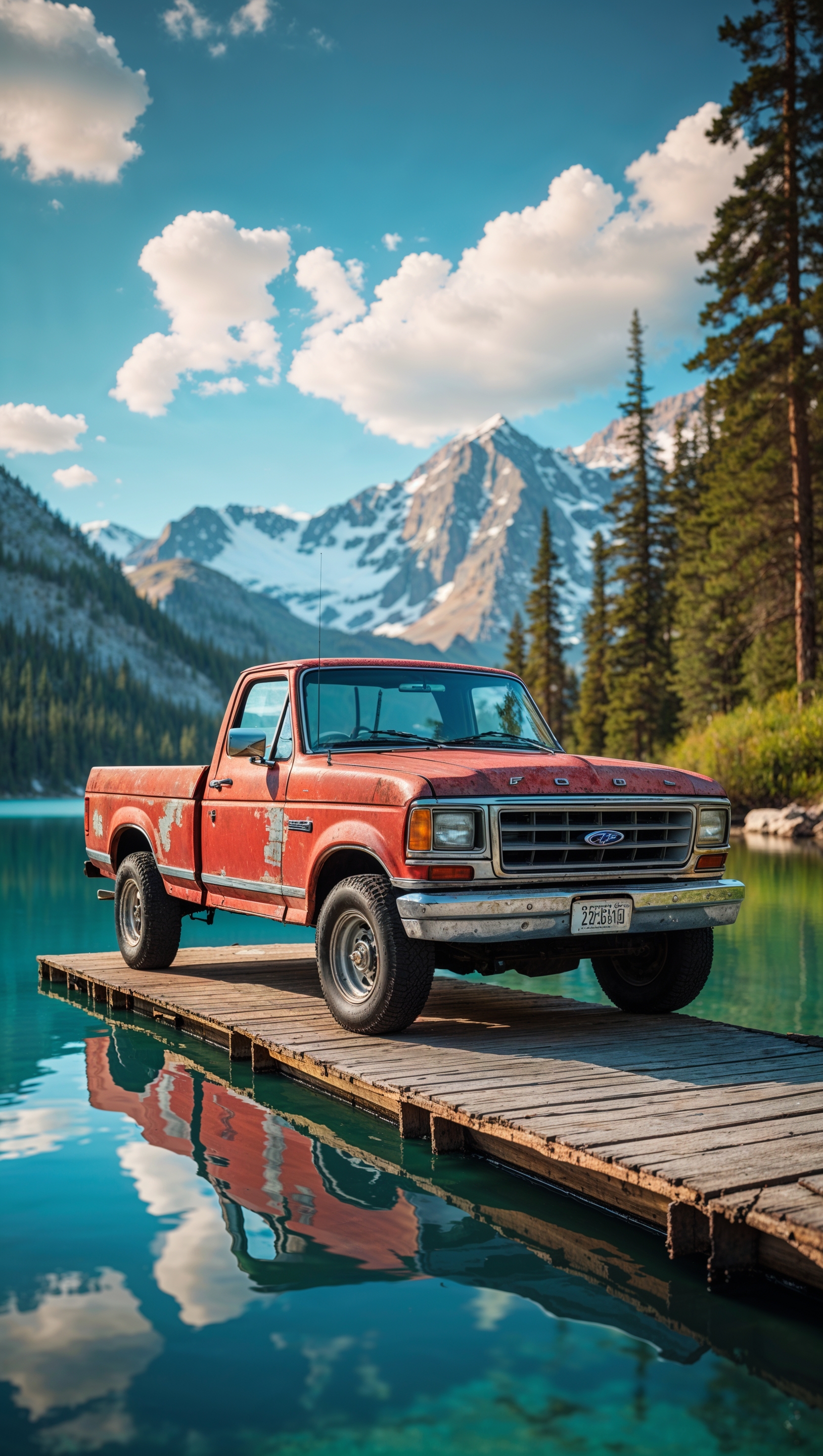 Classic American truck parked by a mountain lake, iPhone wallpaper