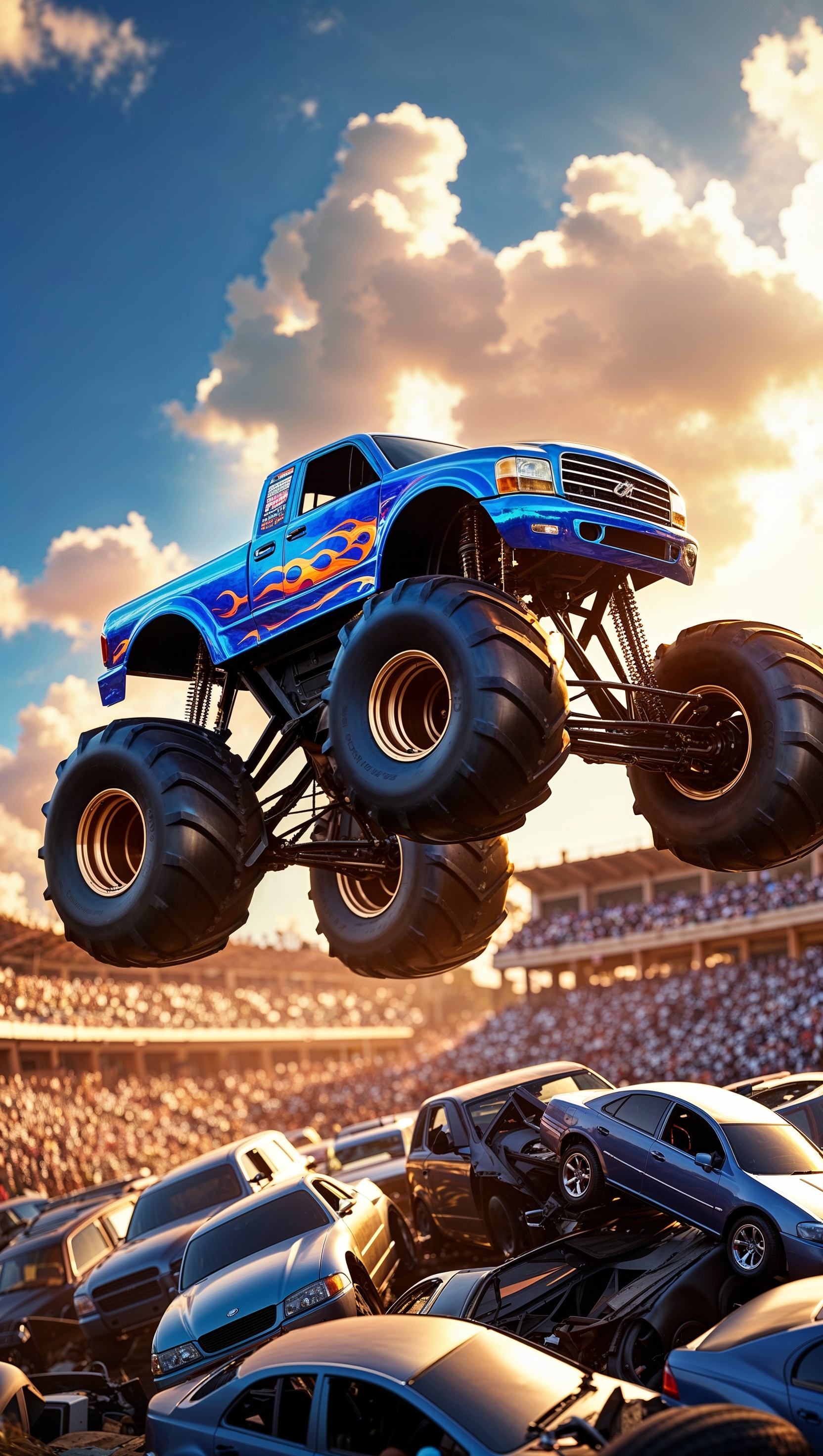 Monster truck jumping in a stadium, high action scene, iPhone wallpaper