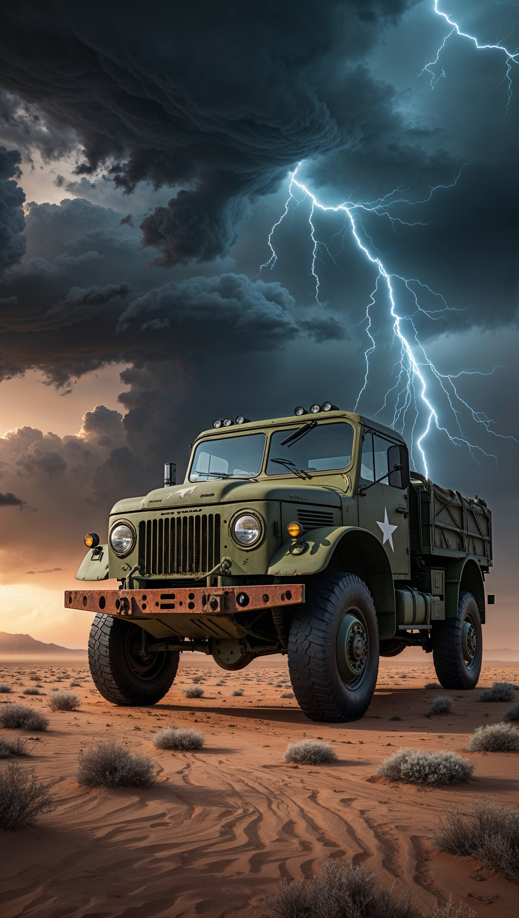 Military truck under a stormy sky, dramatic lighting, iPhone wallpaper