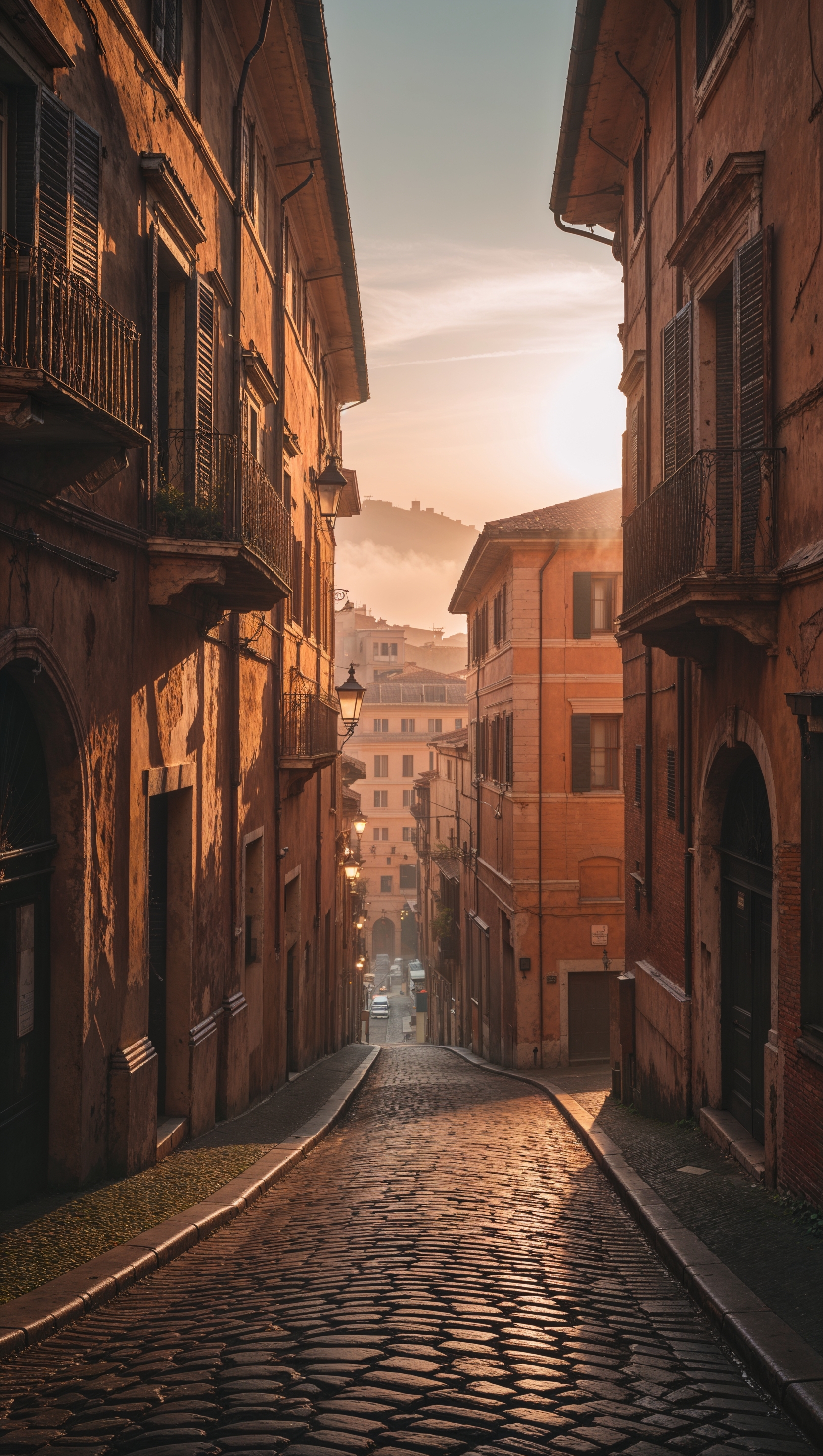 Cobblestone street in Rome with old buildings and soft lighting