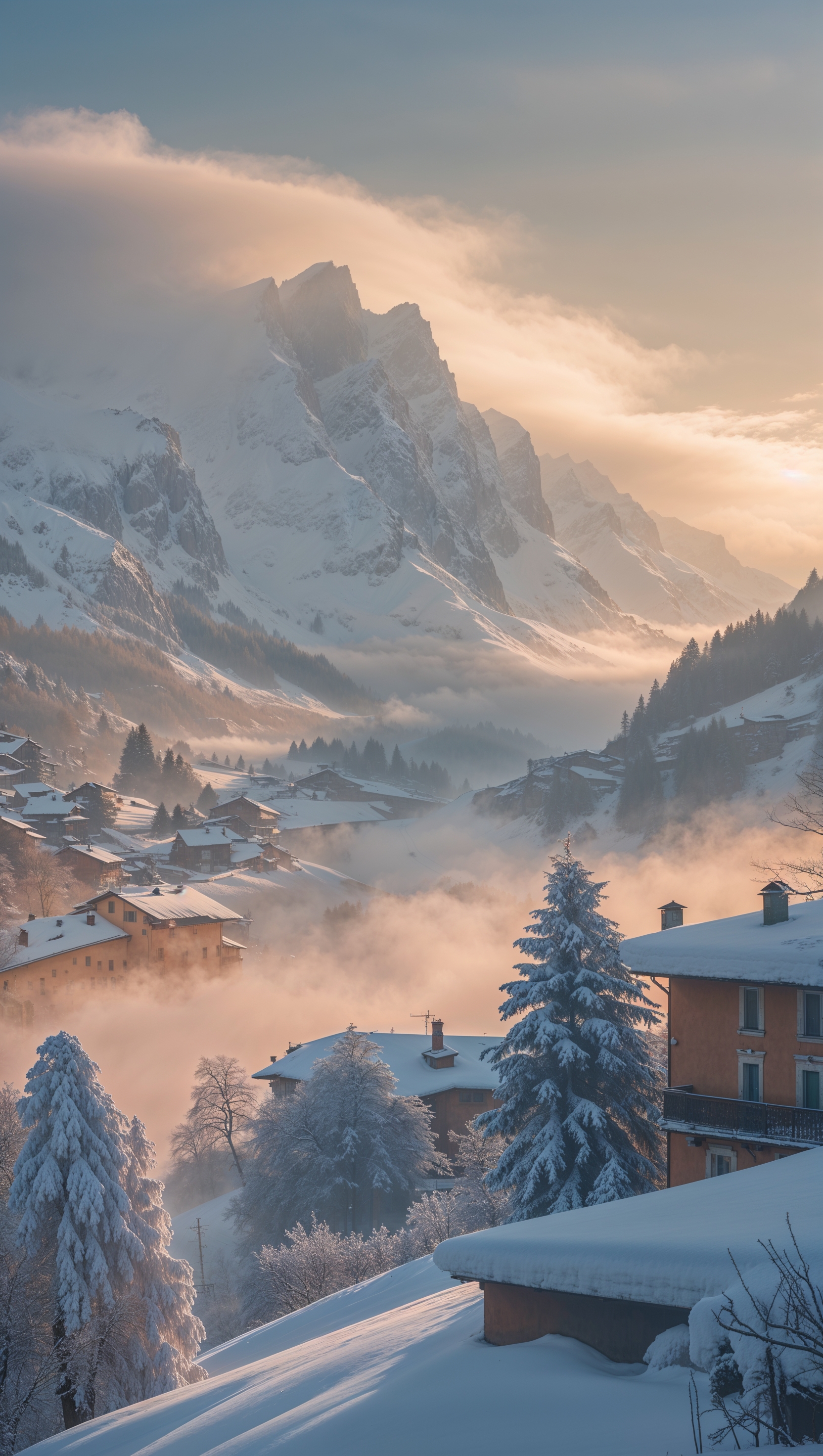 Italian Alps with winter snow and morning mist