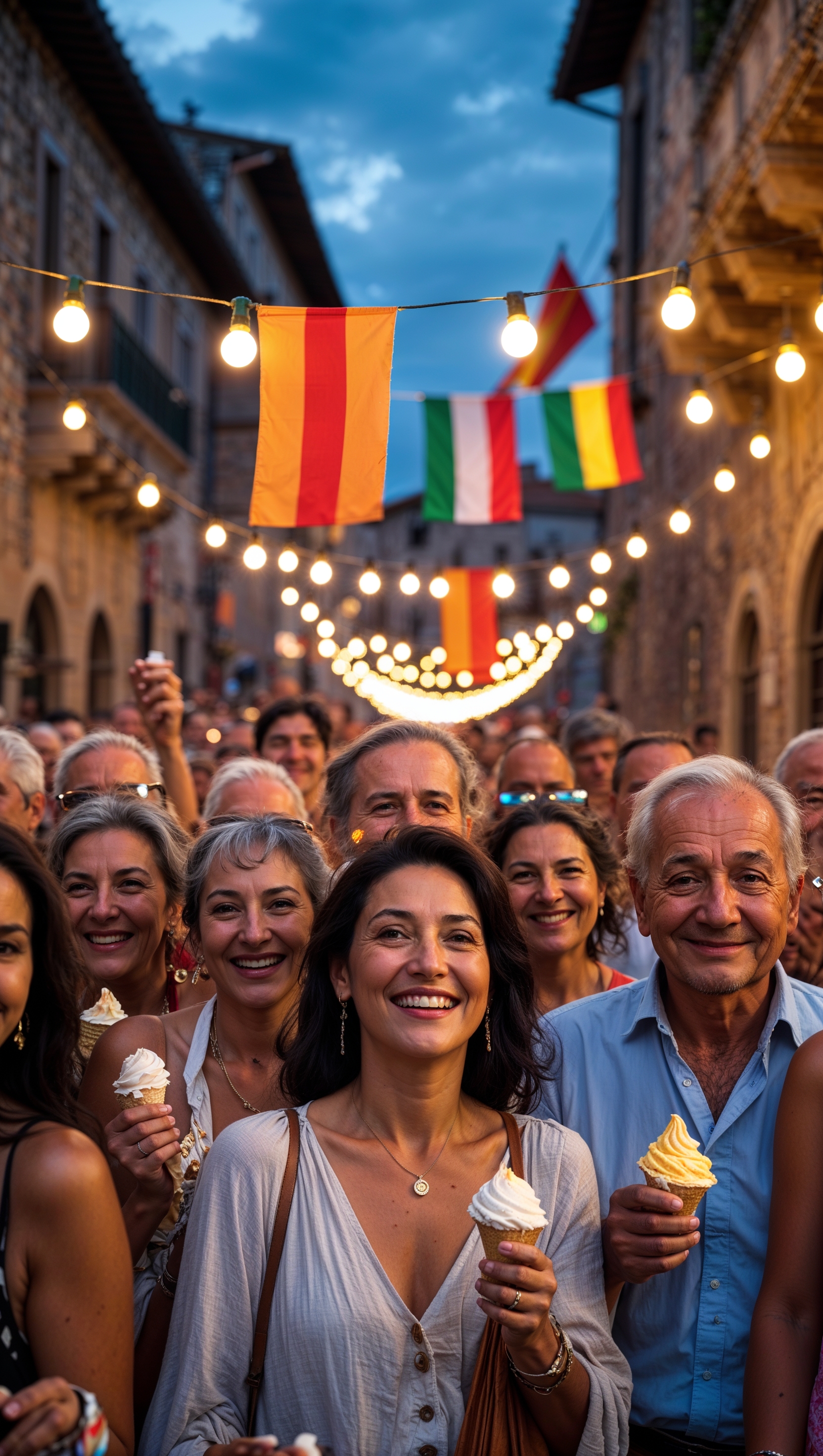 Italian festival with lights, flags, and joyful people