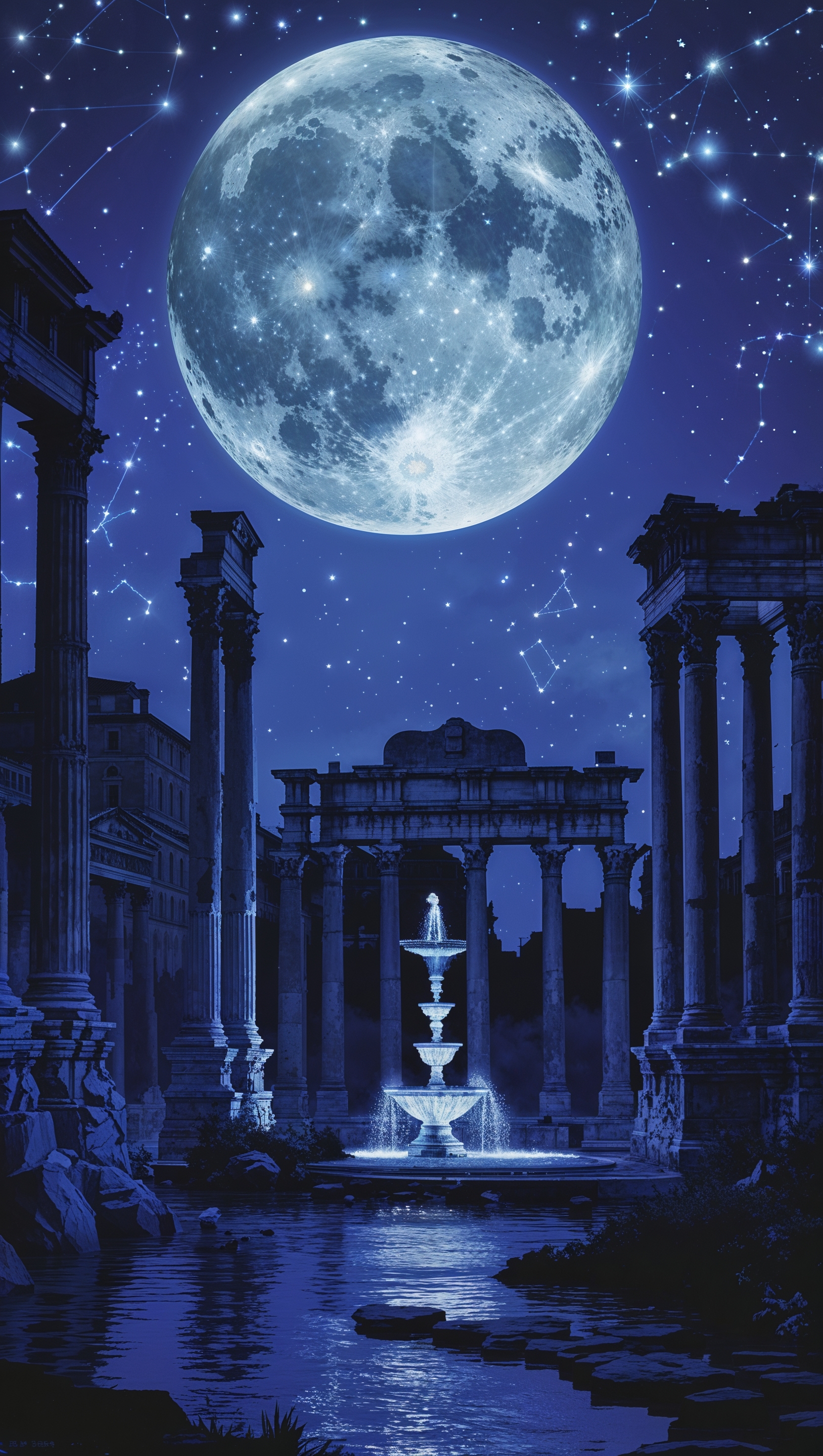 Fantasy-style Rome with starry sky and full moon