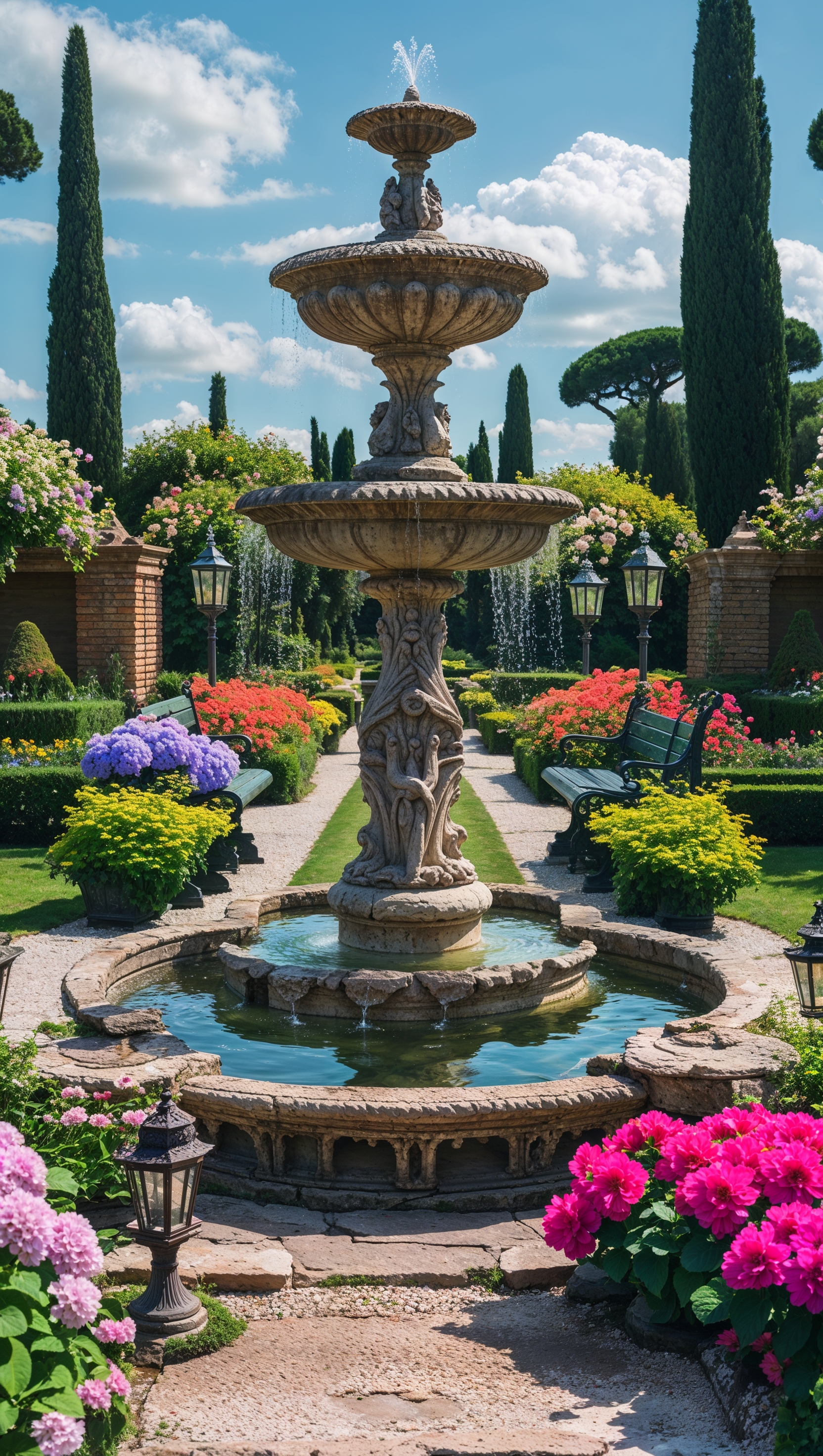 Beautiful Italian gardens with fountains and flowers
