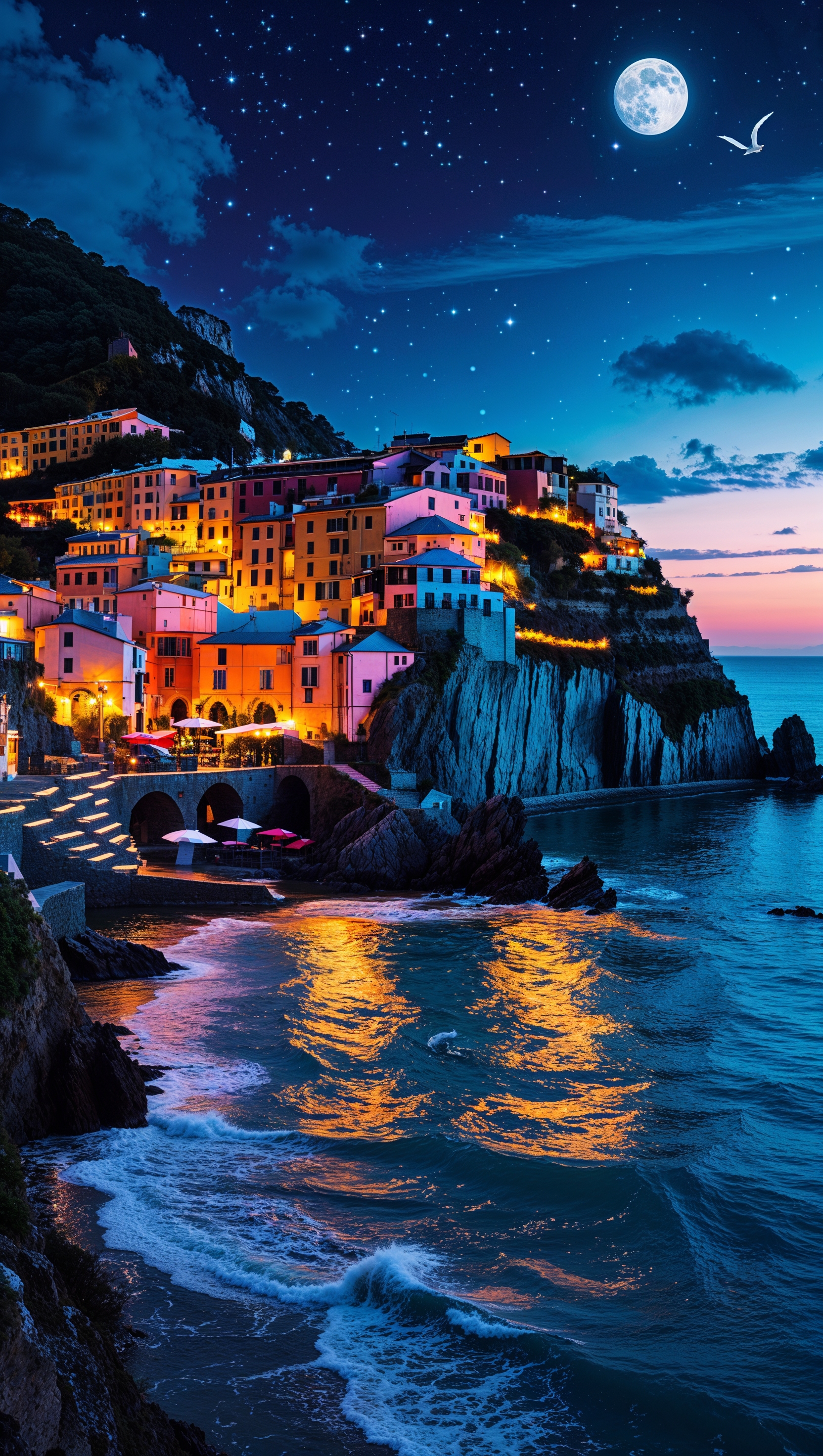 Night view of Cinque Terre coastline with house lights