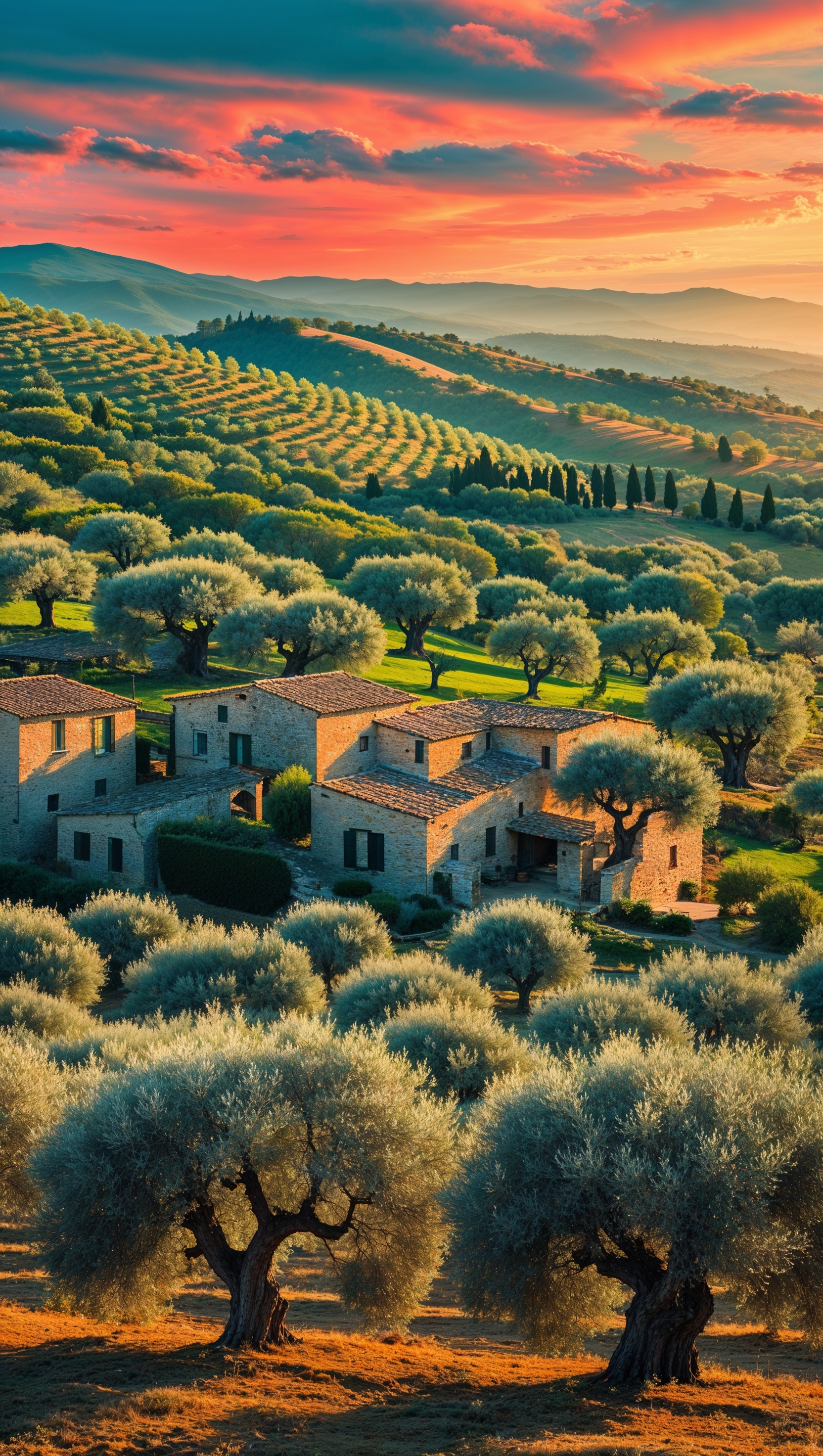 Olive farm in southern Italy under golden sunset light