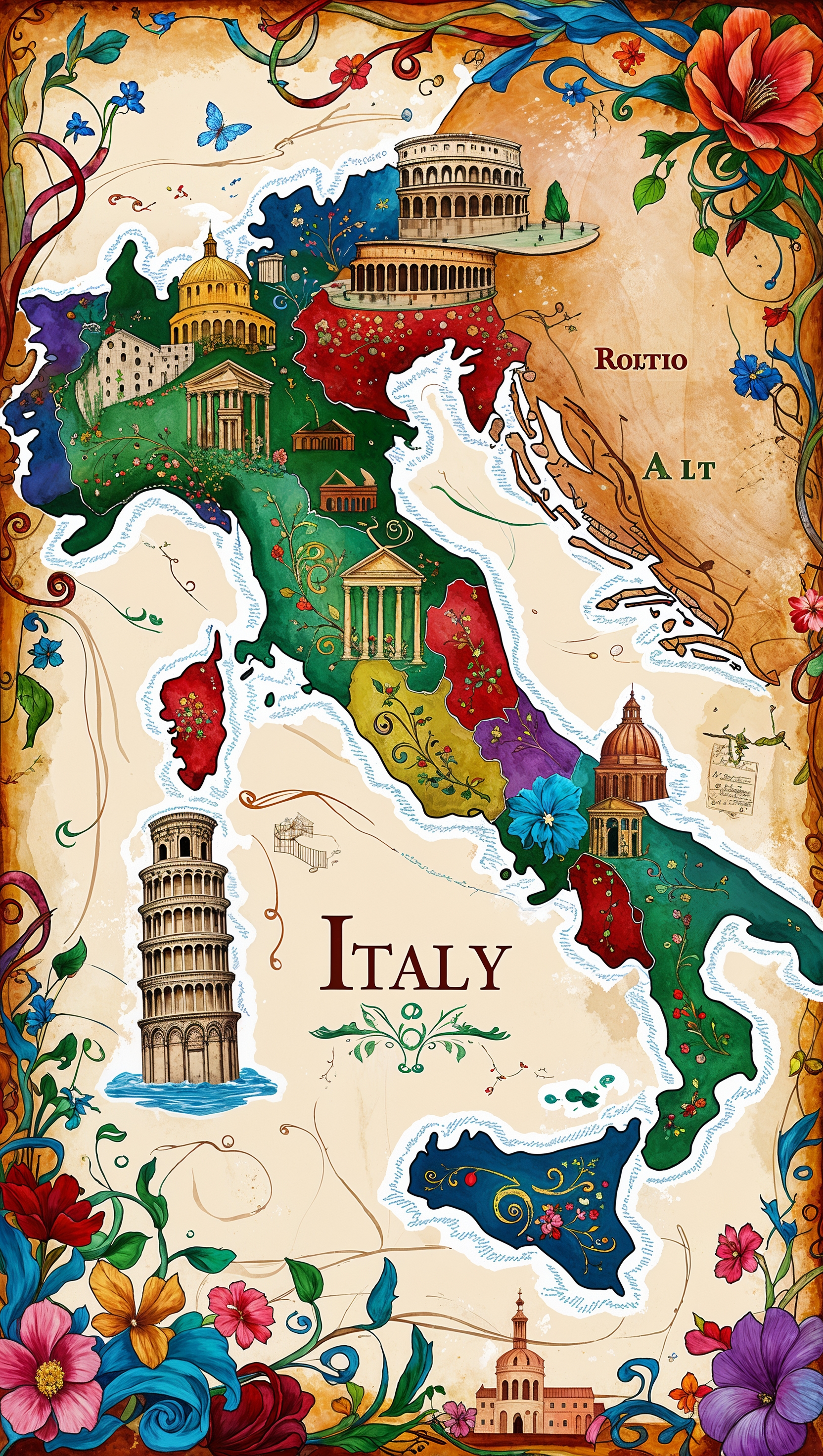 Artistic map of Italy with famous landmarks