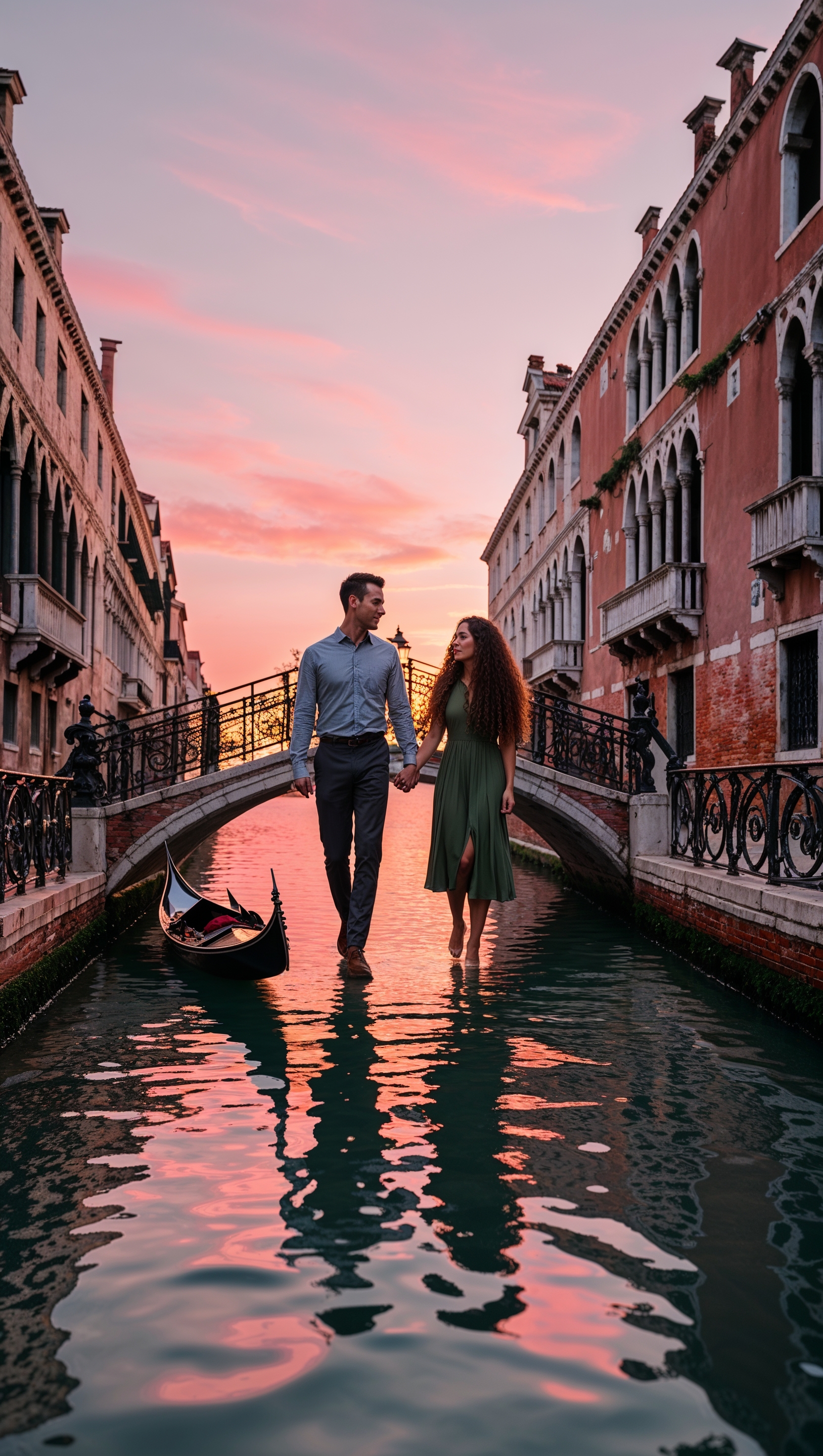 Romantic walk on a Venetian bridge at sunset