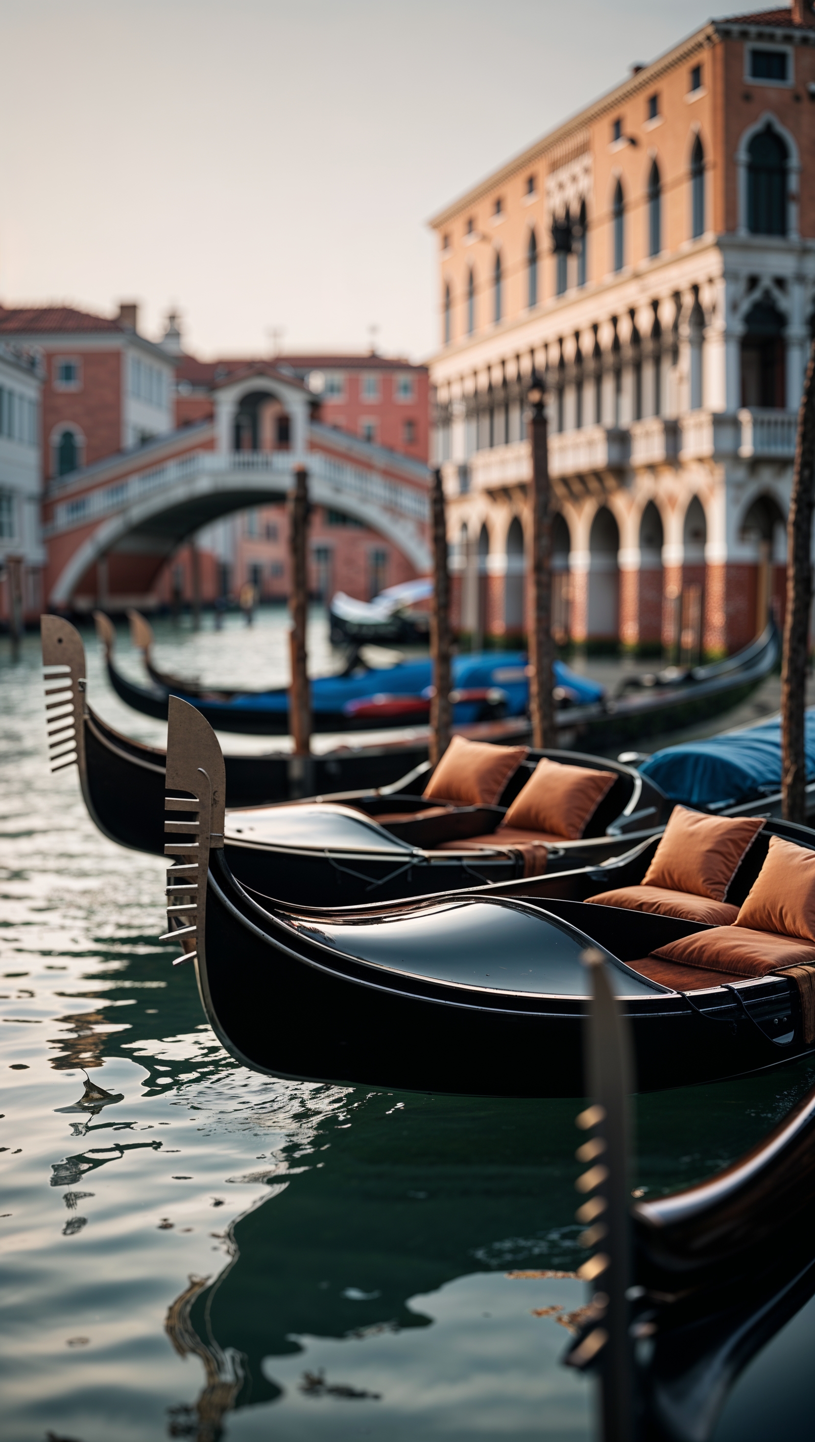 Traditional boats in Venice on calm water, in minimalist photography style