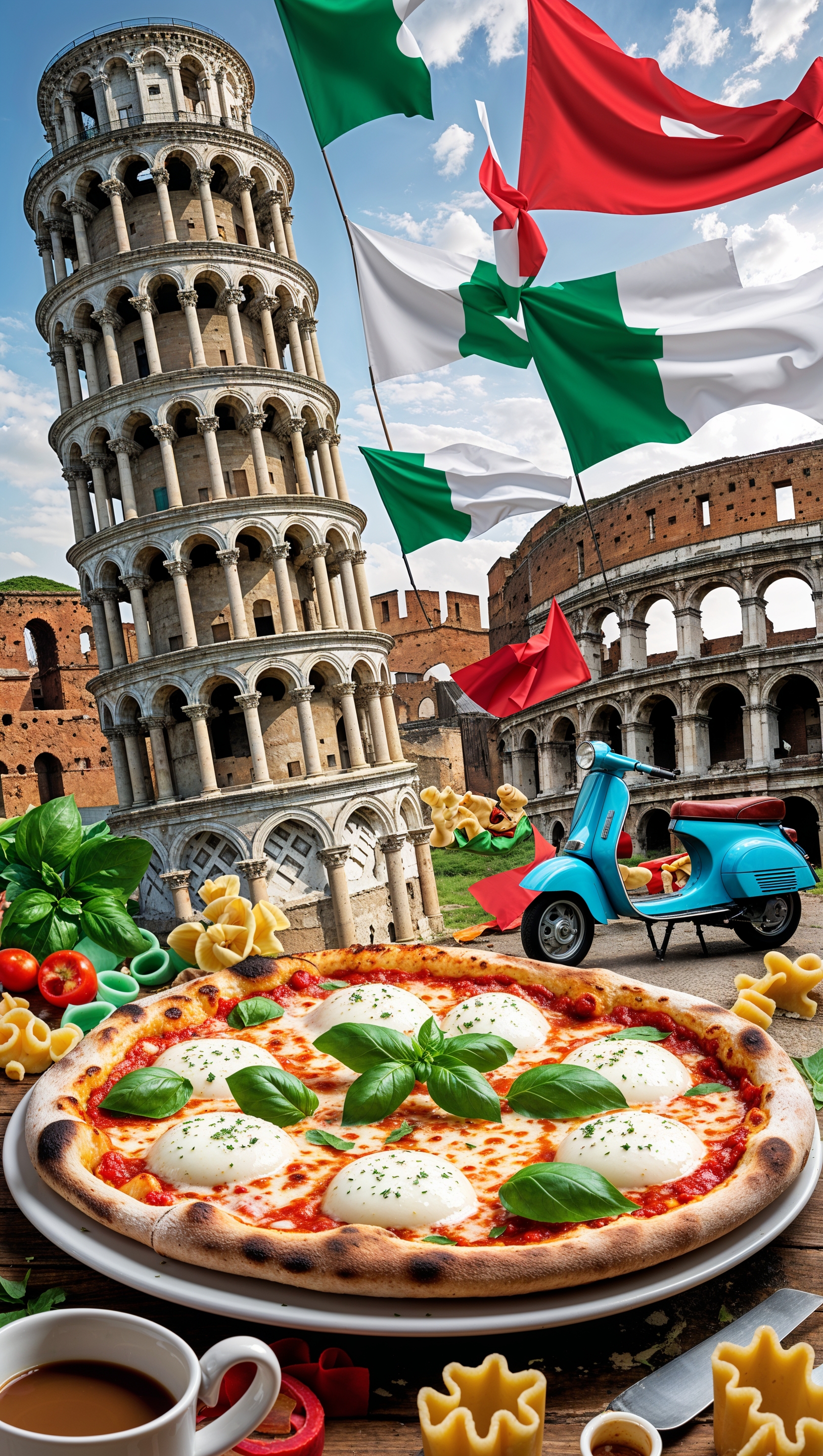 Collage of Italian symbols: pizza, Leaning Tower, Colosseum