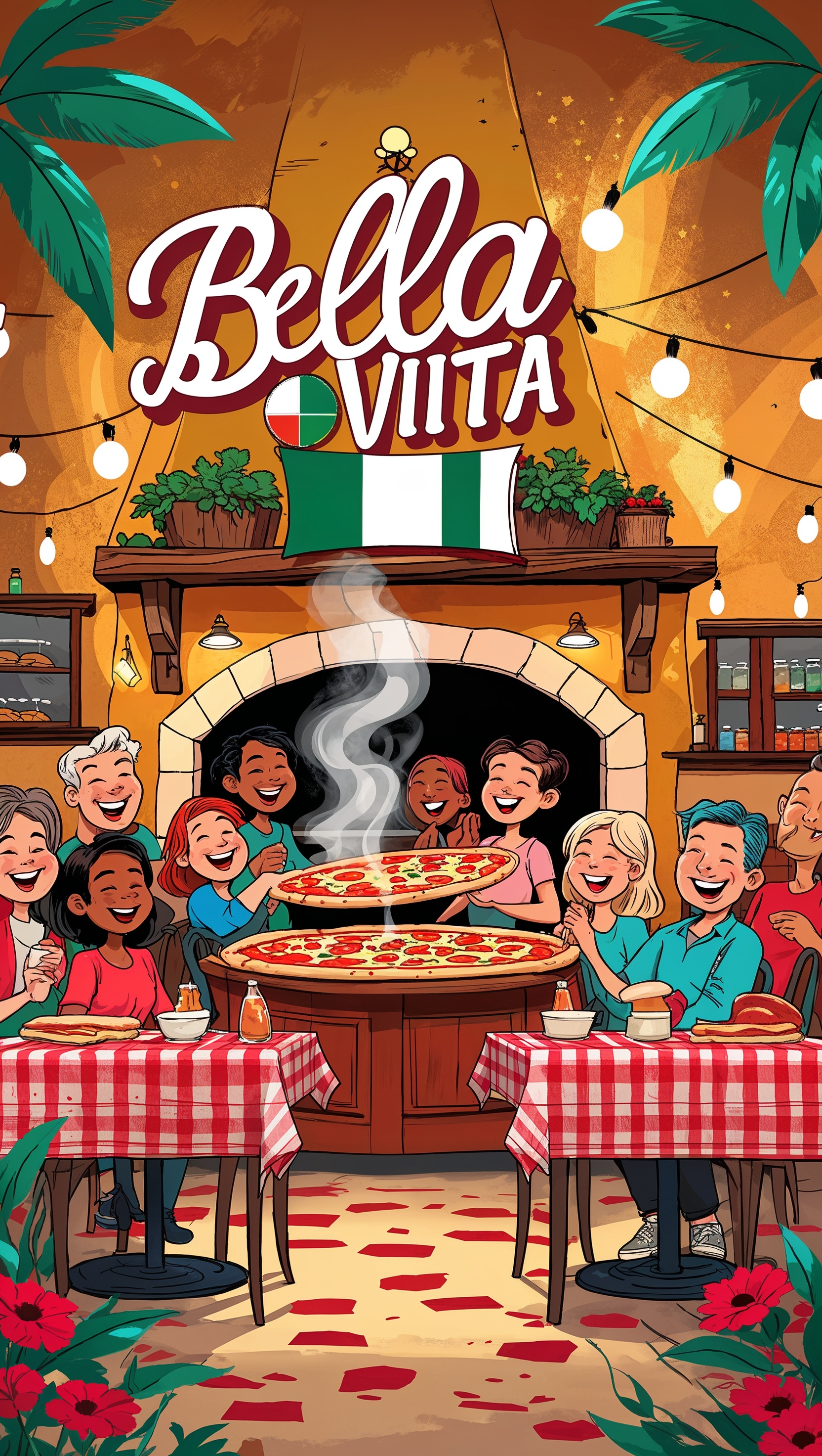 Cartoon-style Italian pizzeria scene