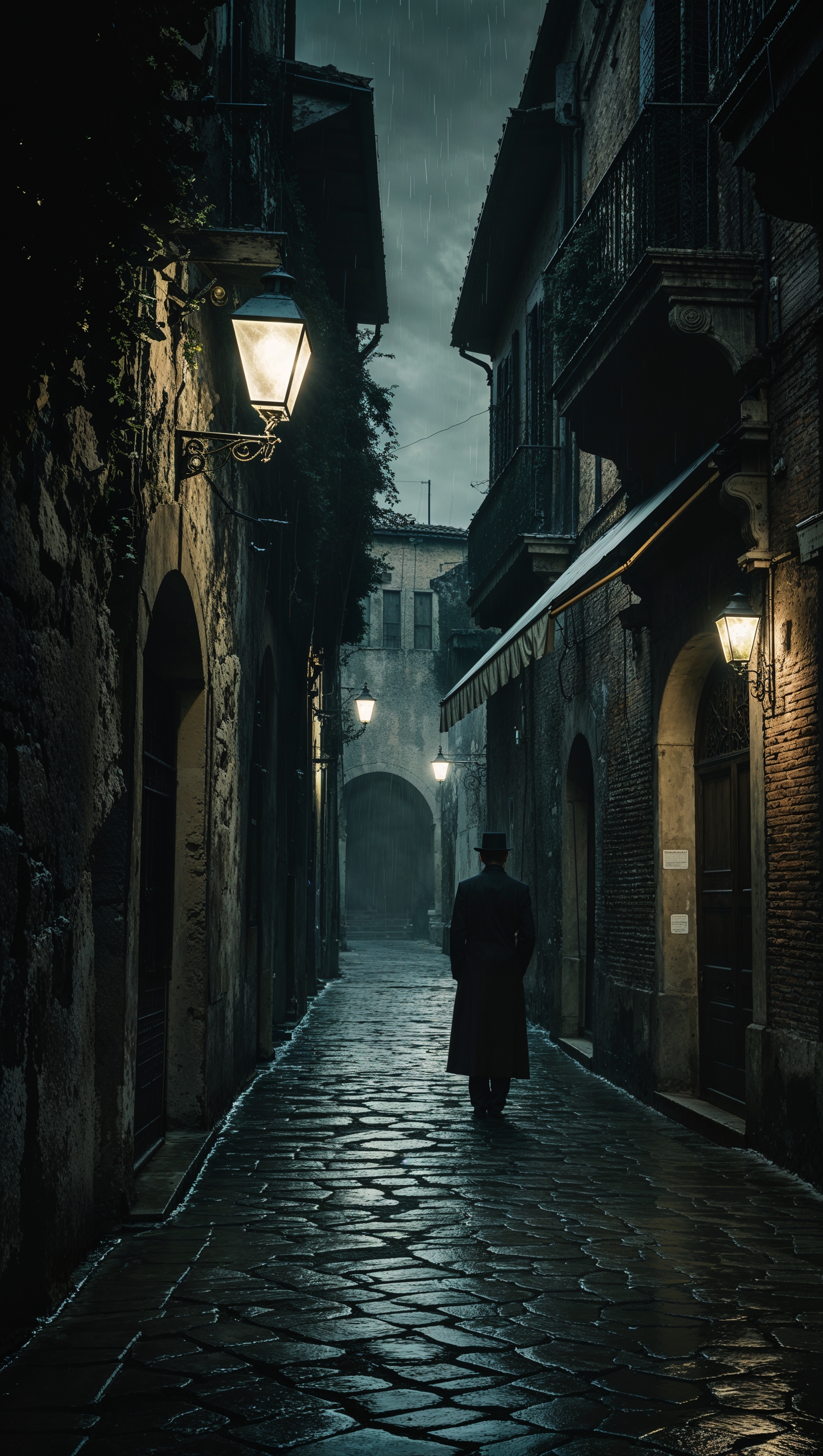 Film noir photo of a dark alley in an old Italian town