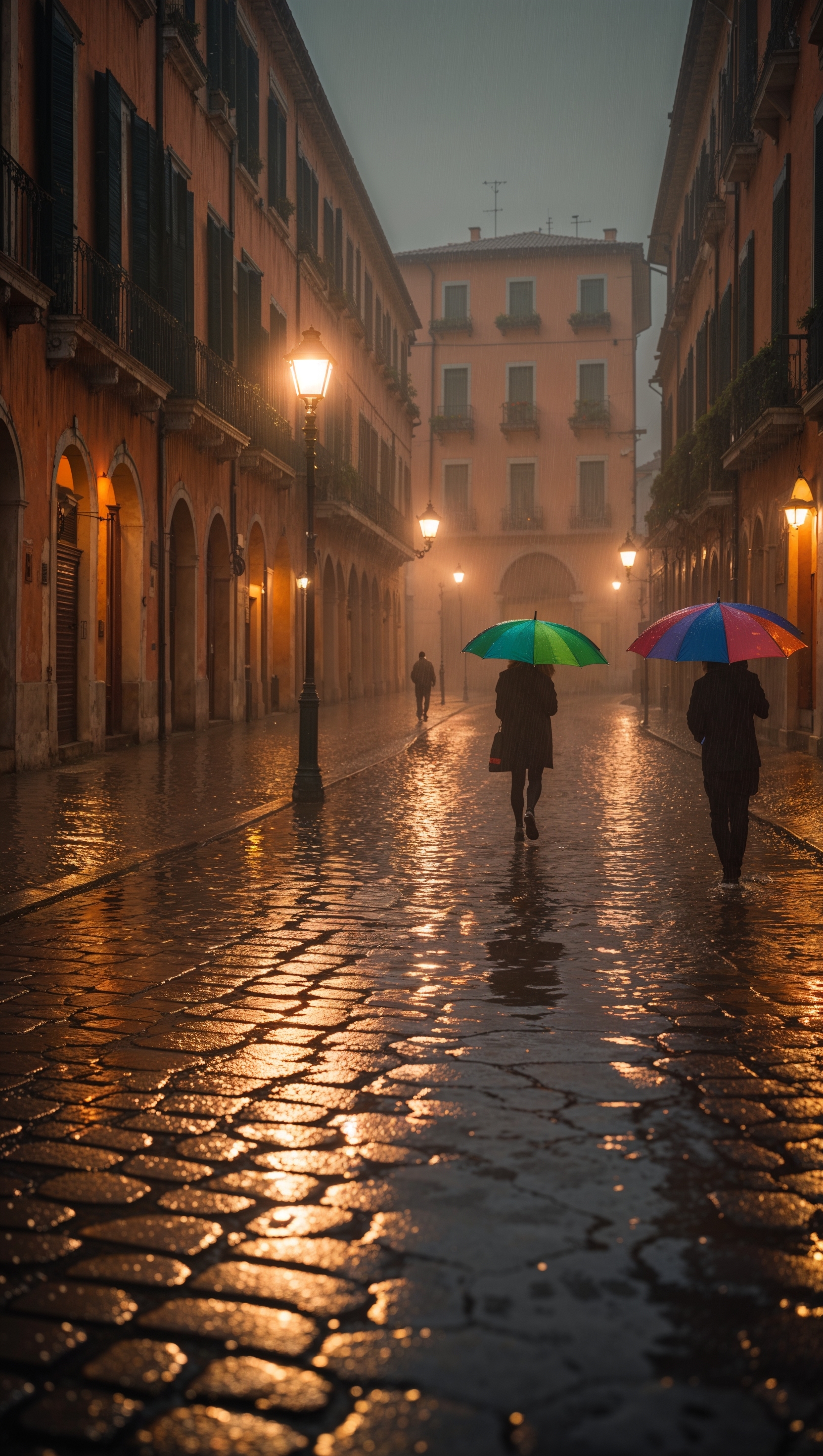 Rainy street in Genoa with light reflections