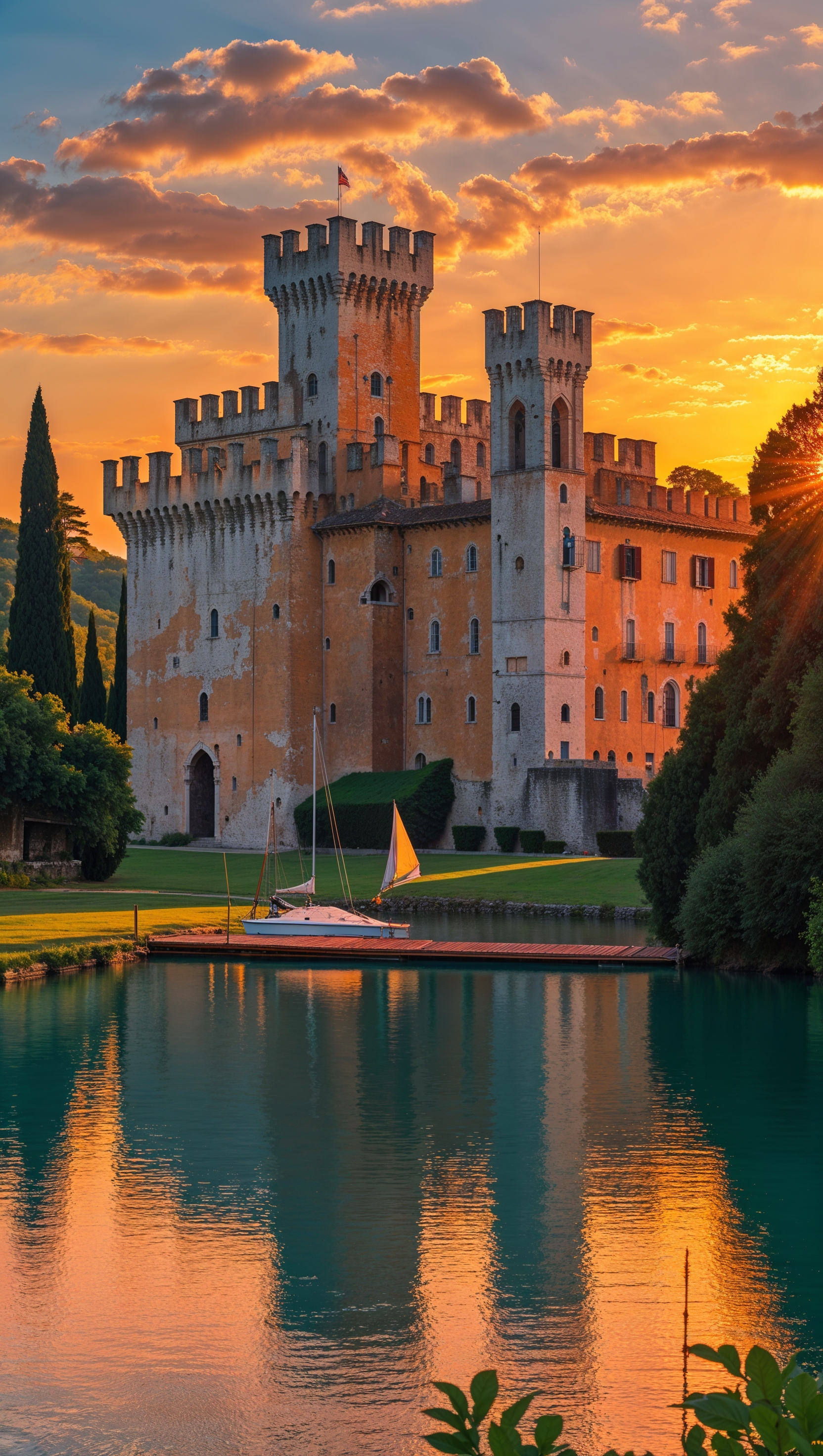 Sunset behind a historic Italian castle