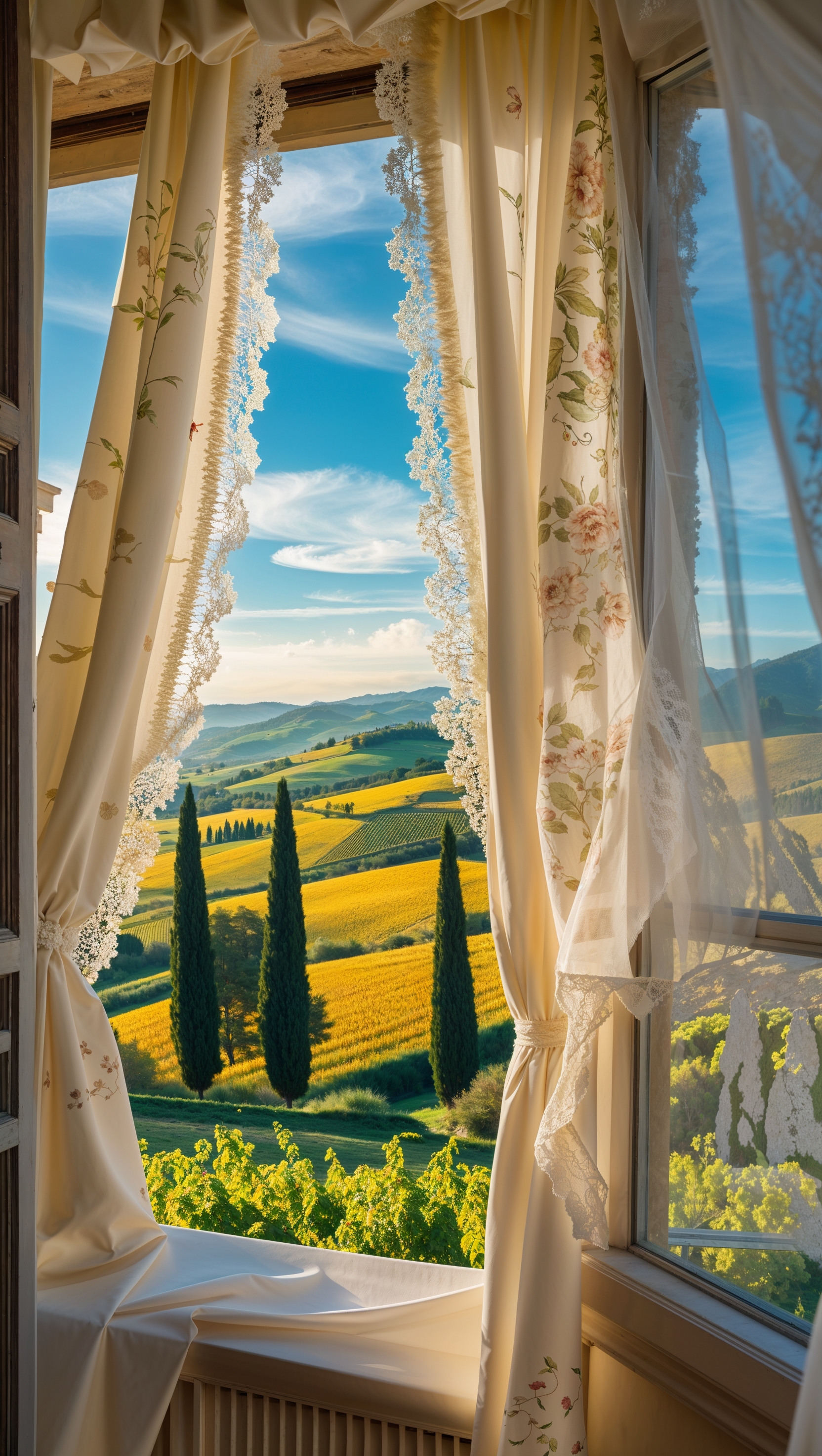 Window view of Tuscany landscape with bright curtains