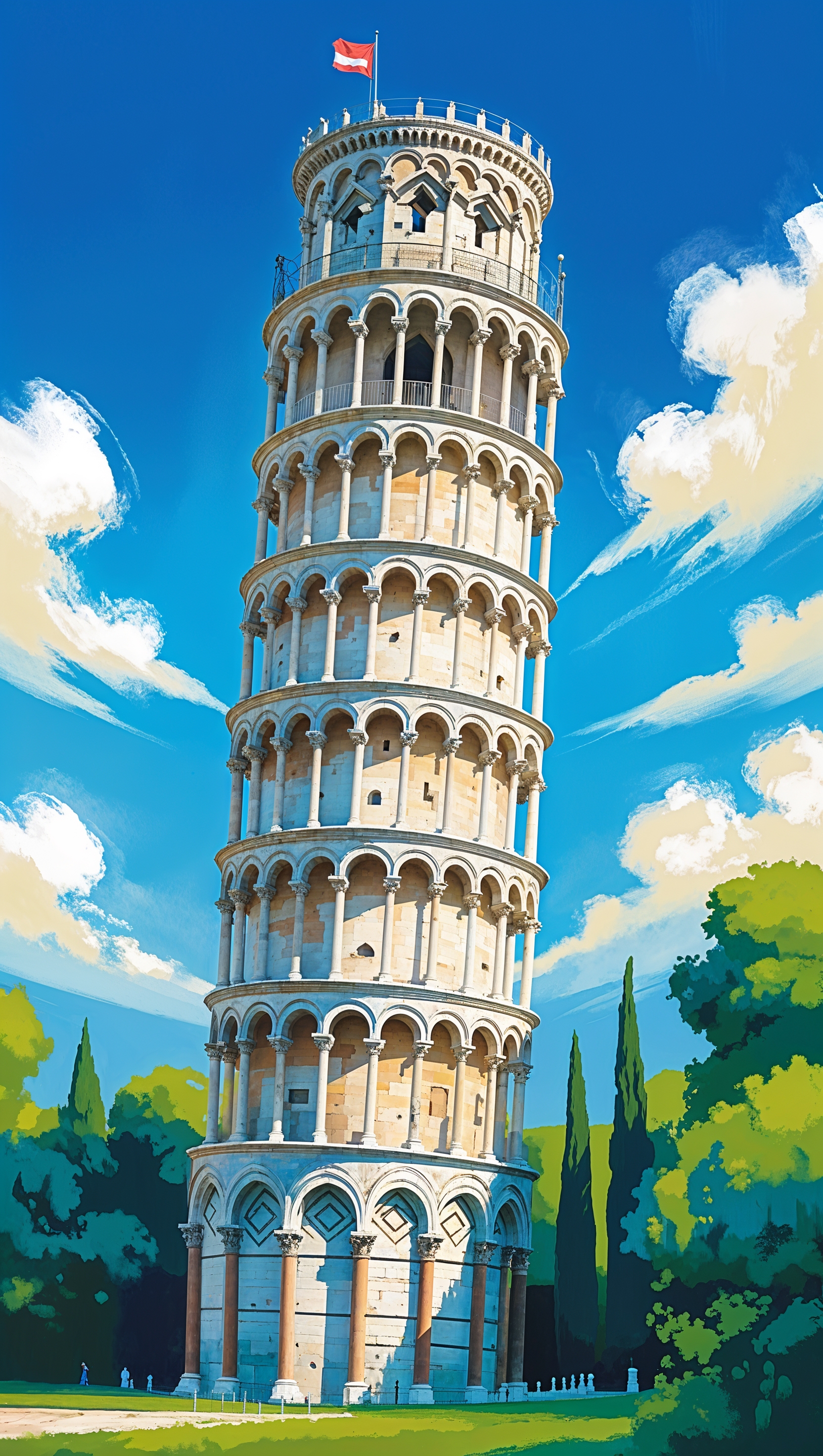 Artistic view of the Leaning Tower of Pisa with bright blue sky