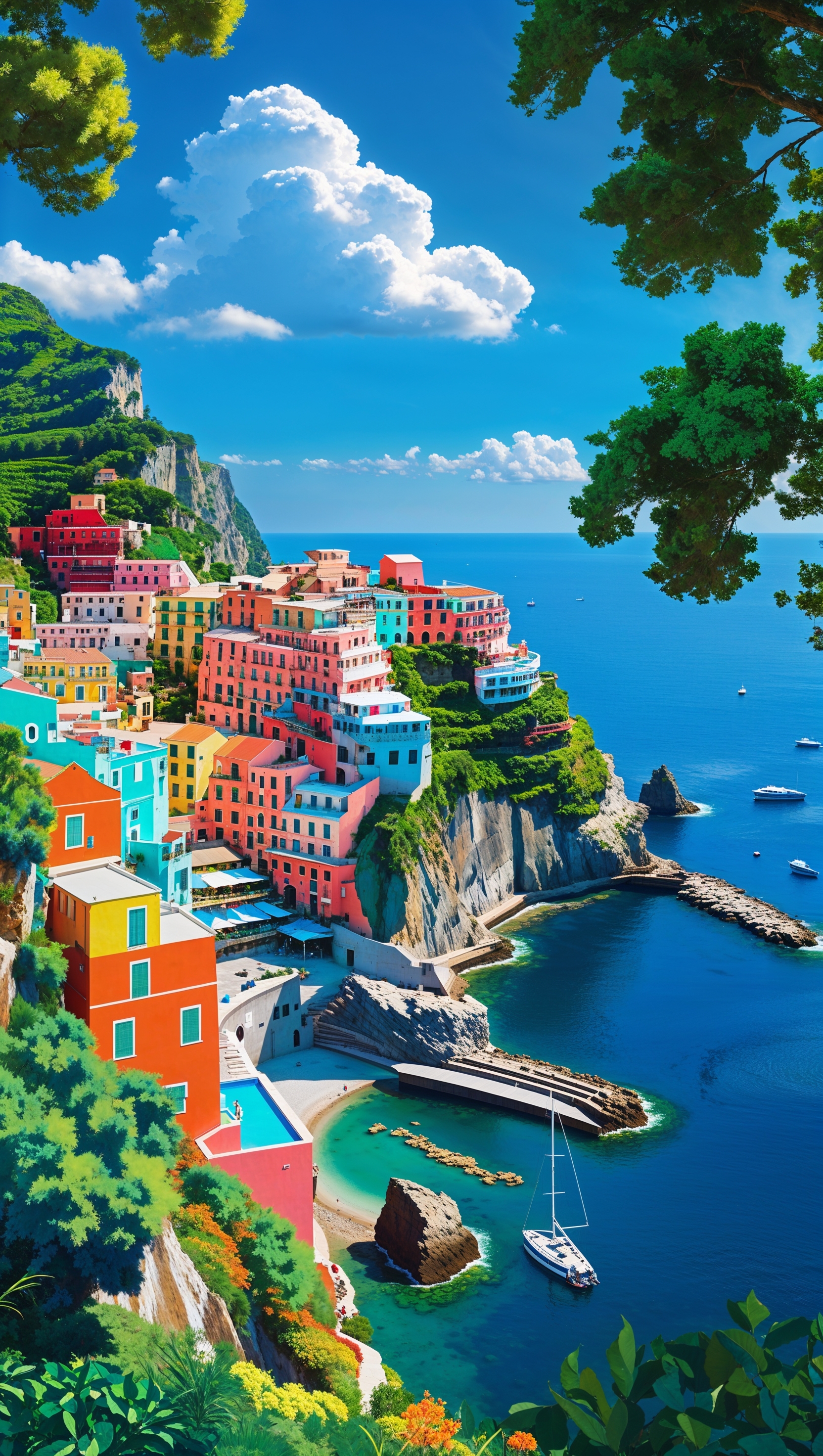 Amalfi Coast with colorful houses on cliffs