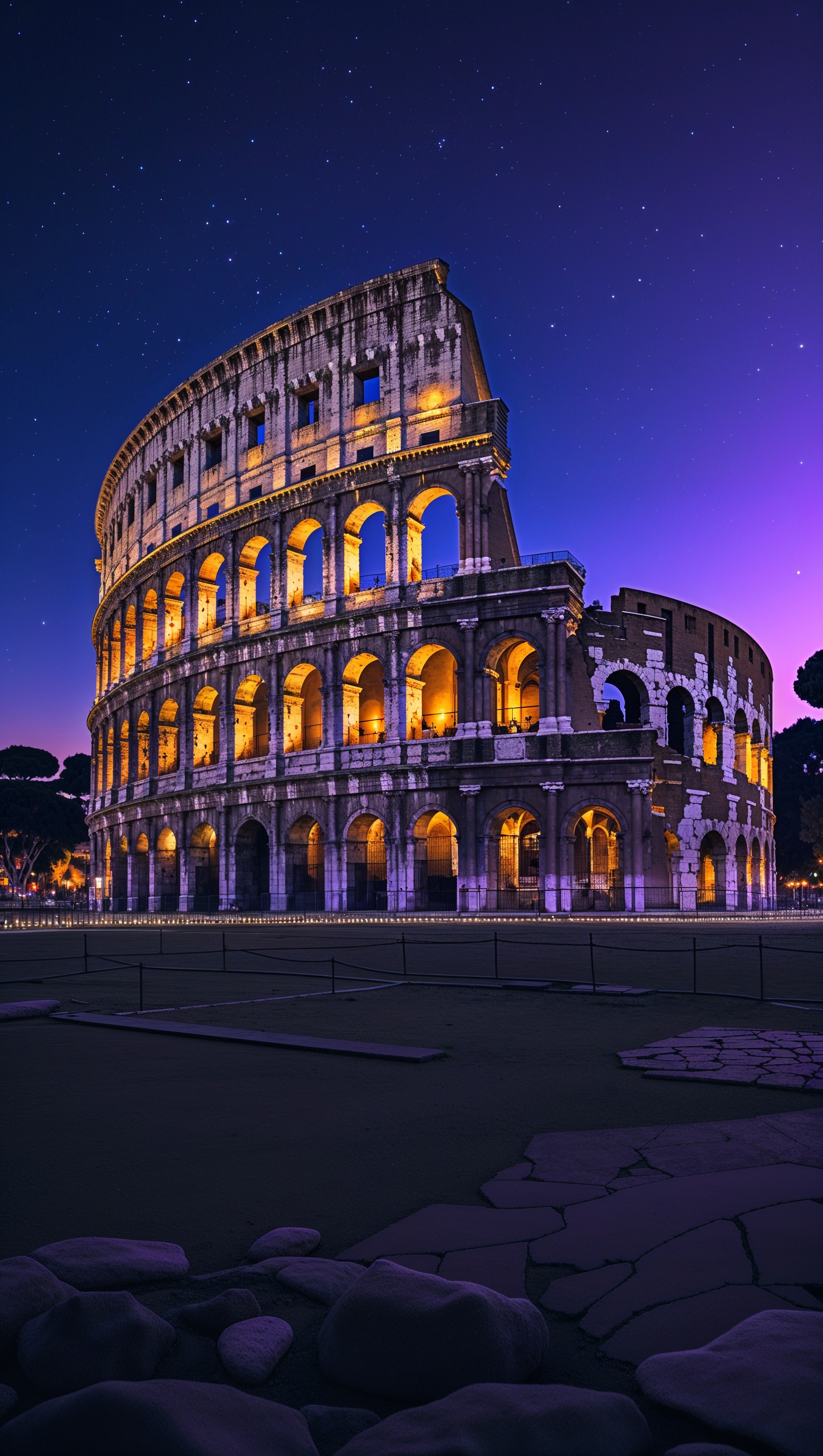 Night view of the Colosseum with glowing lights