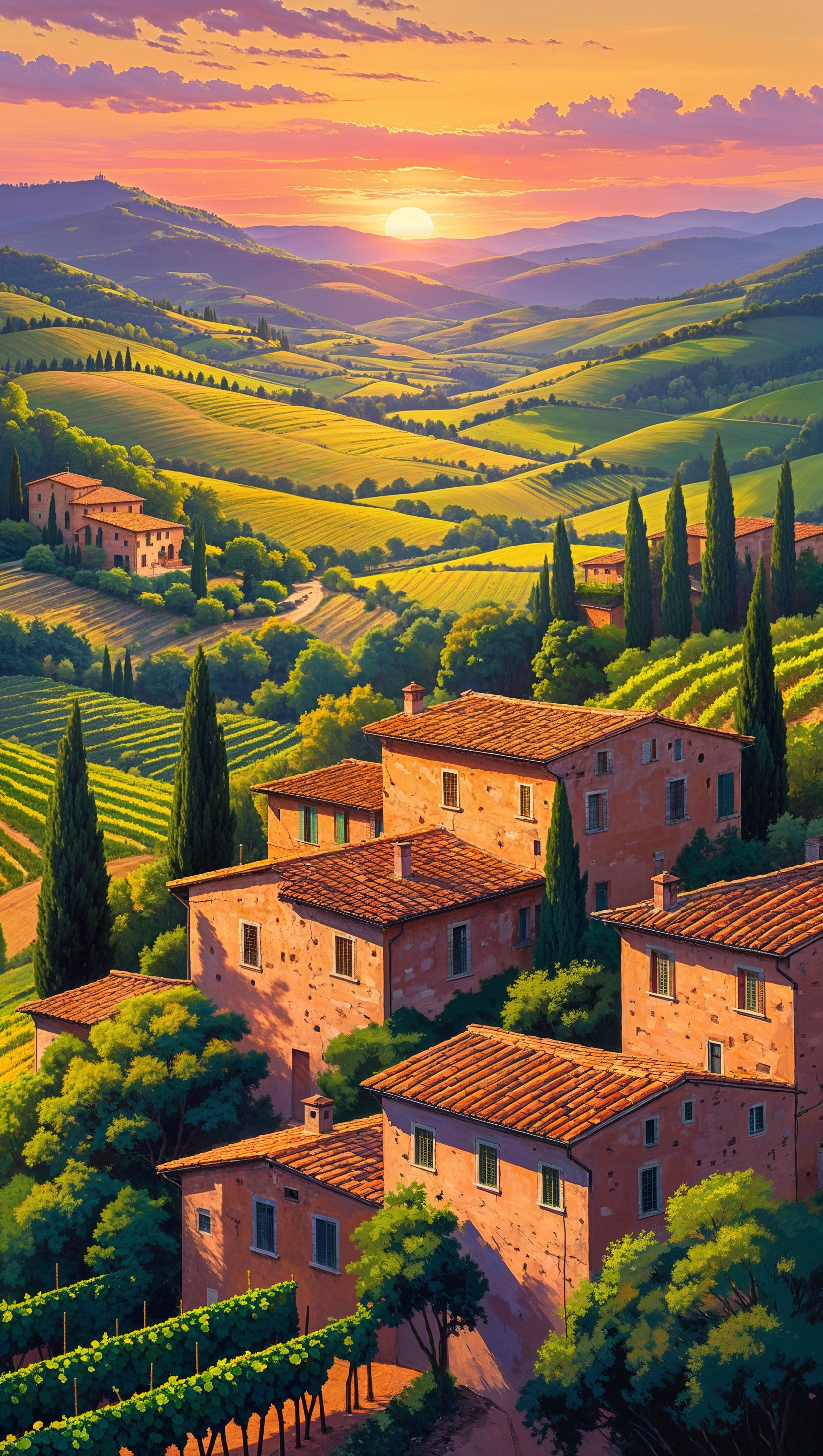 Sunset landscape in Tuscany with countryside houses and vineyards, in realistic painting style