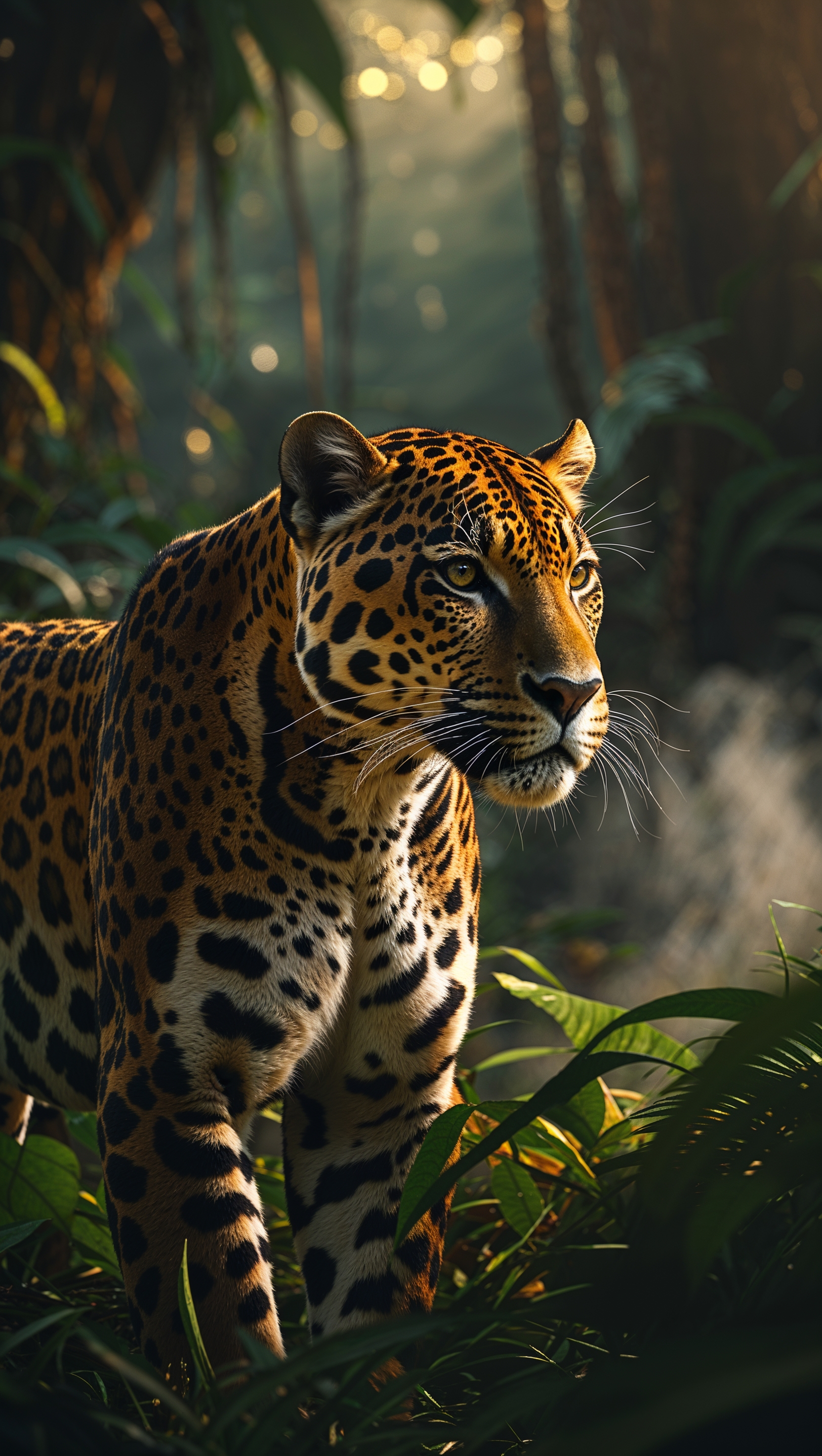 A jaguar in a rainforest with golden light and a dark blurred background