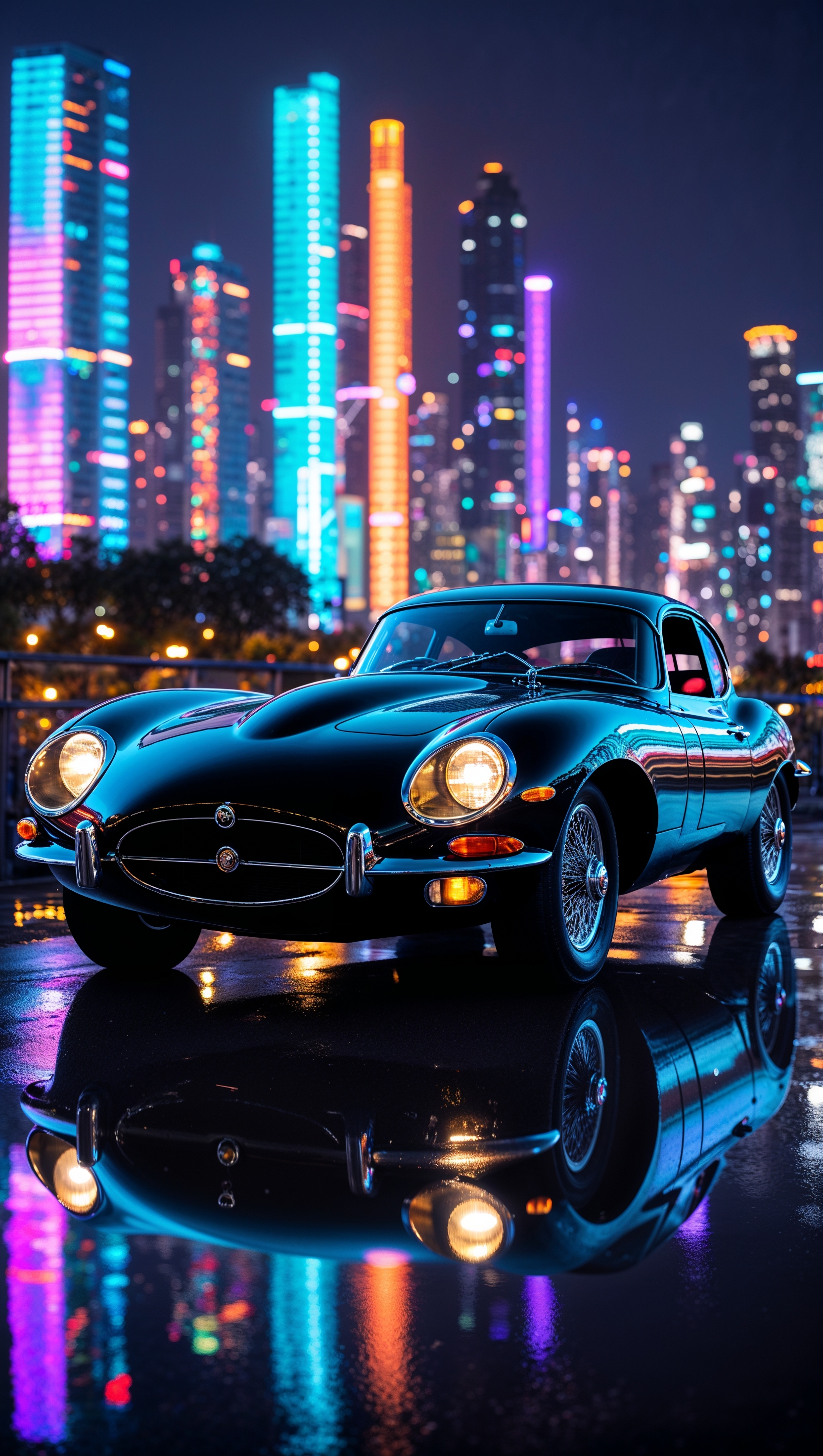 Classic Jaguar car with night city background