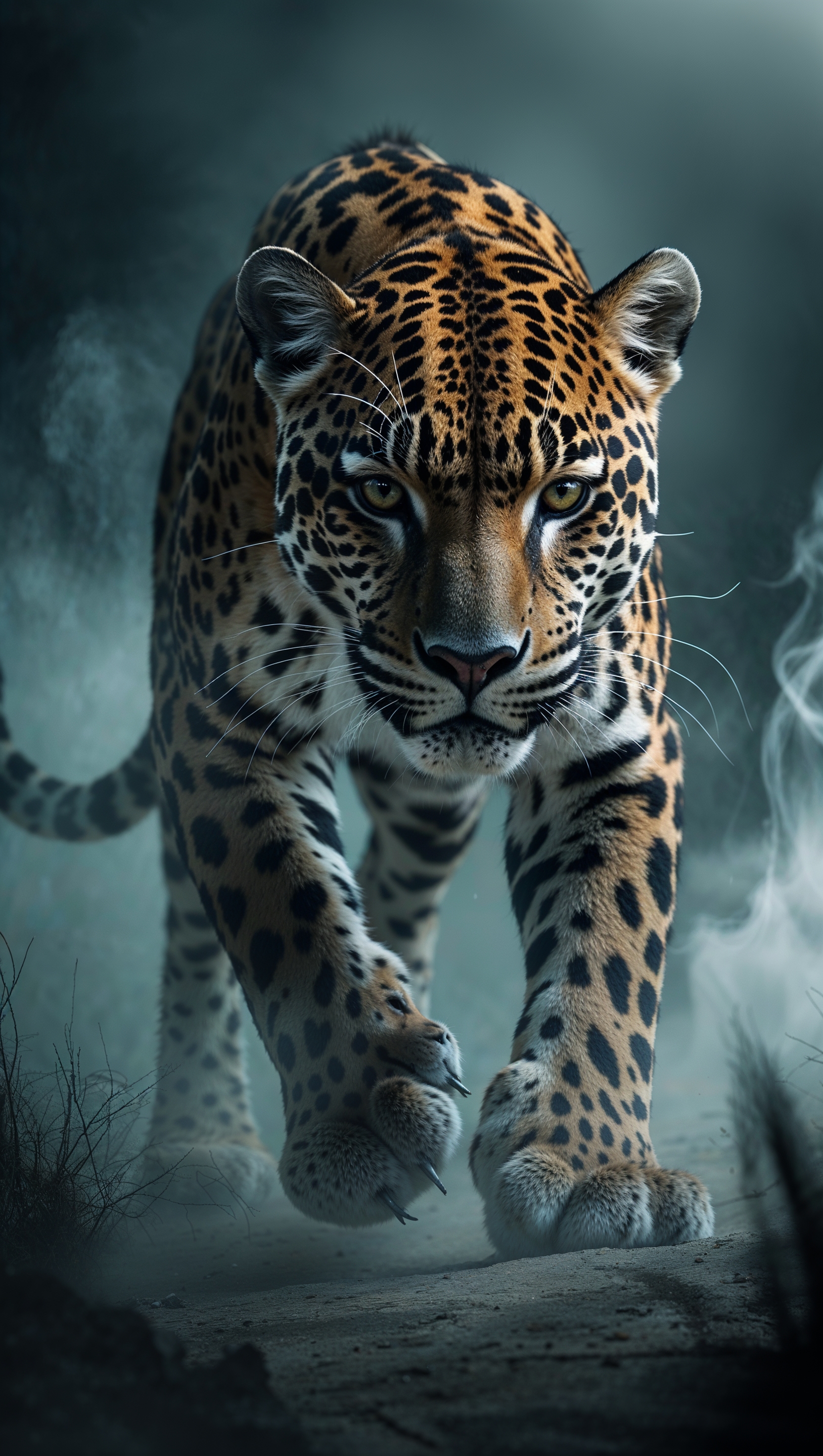 A jaguar hunting with a sharp gaze, foggy background
