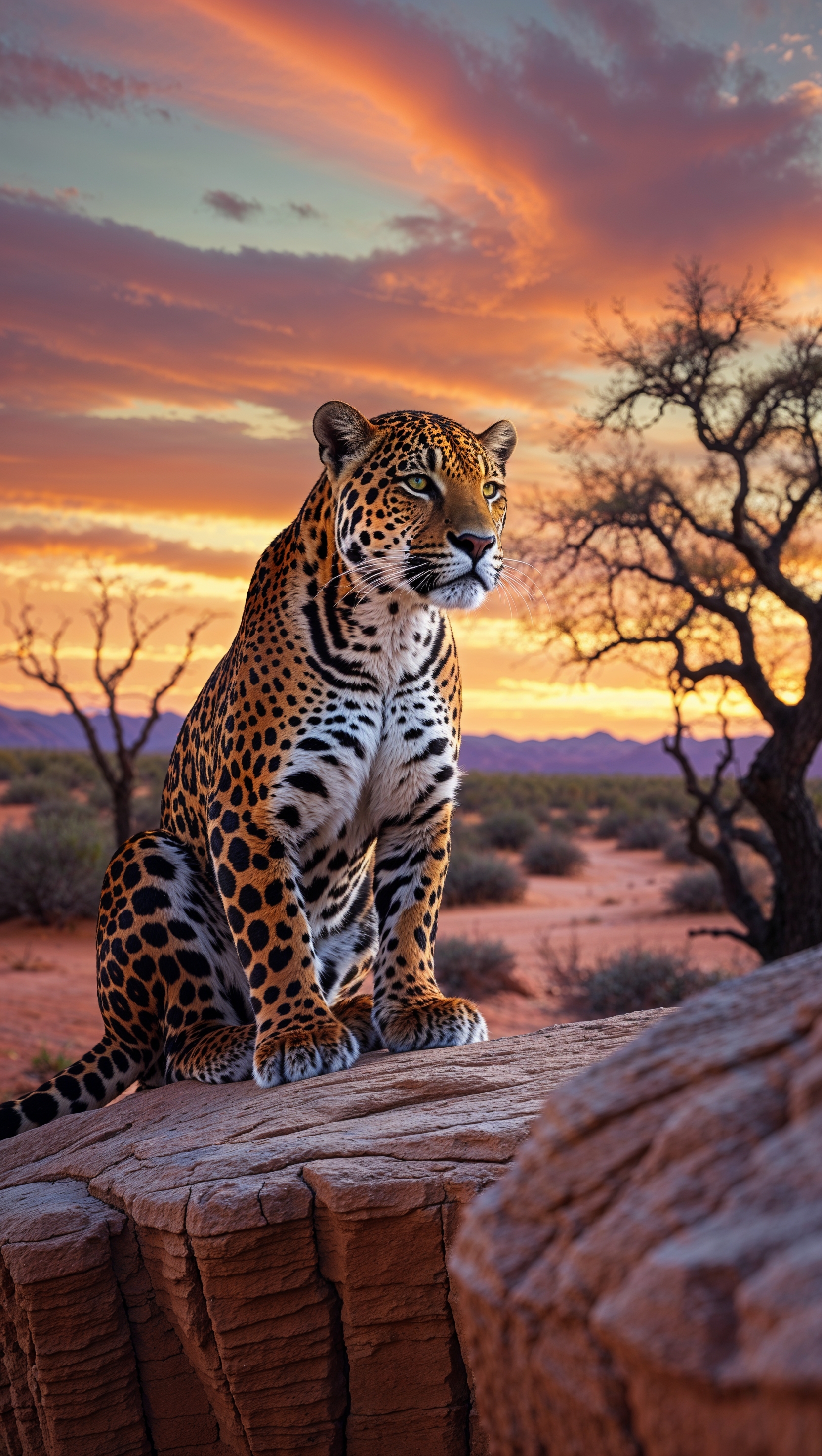 A jaguar on a rock at sunset