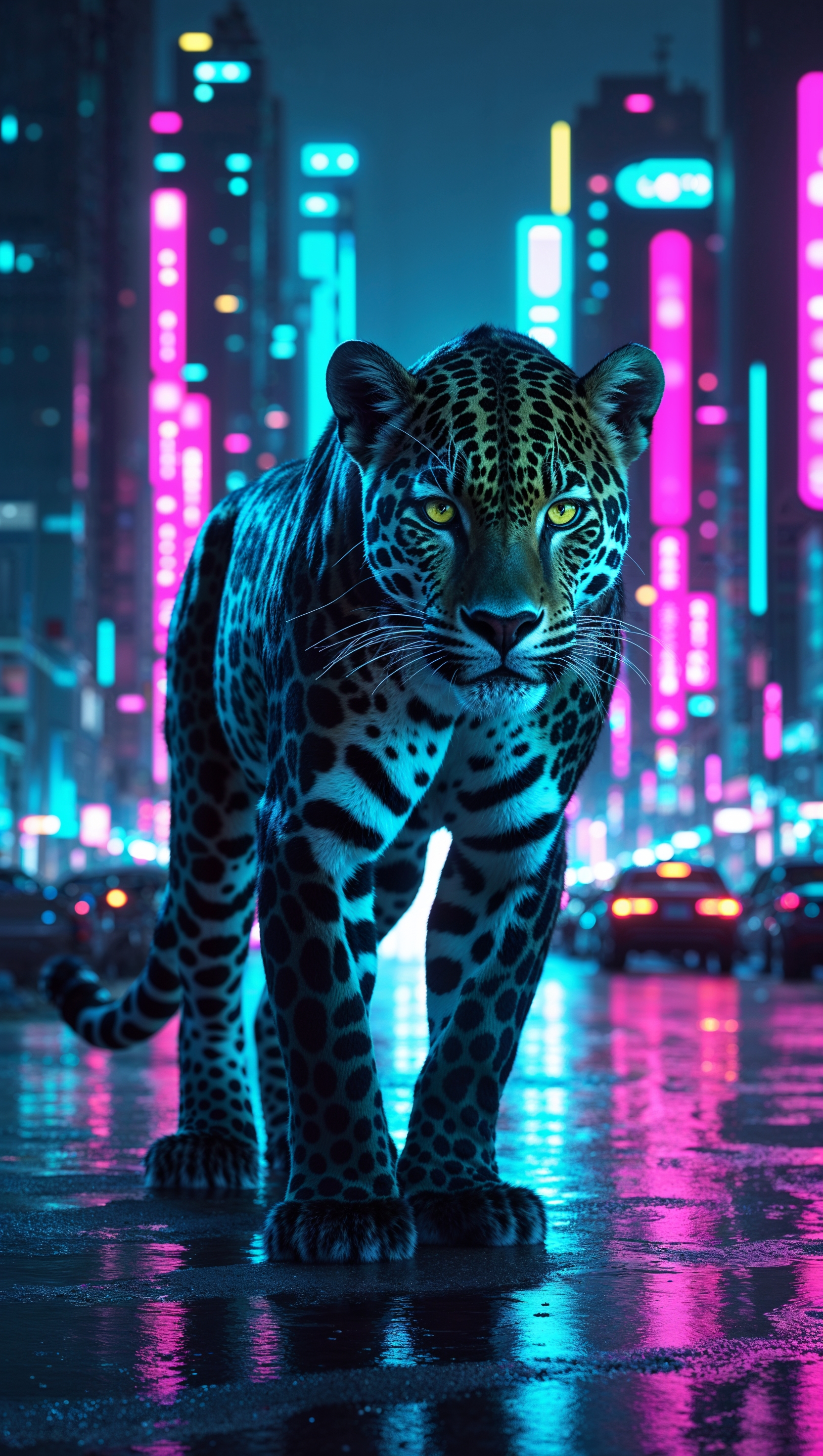 Jaguar with neon lights in a night city scene