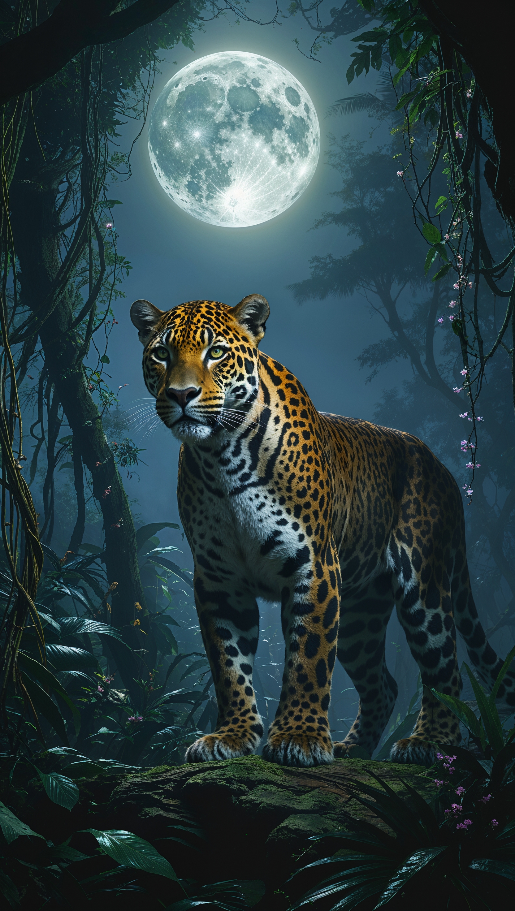 Jaguar in a dark jungle with moonlight