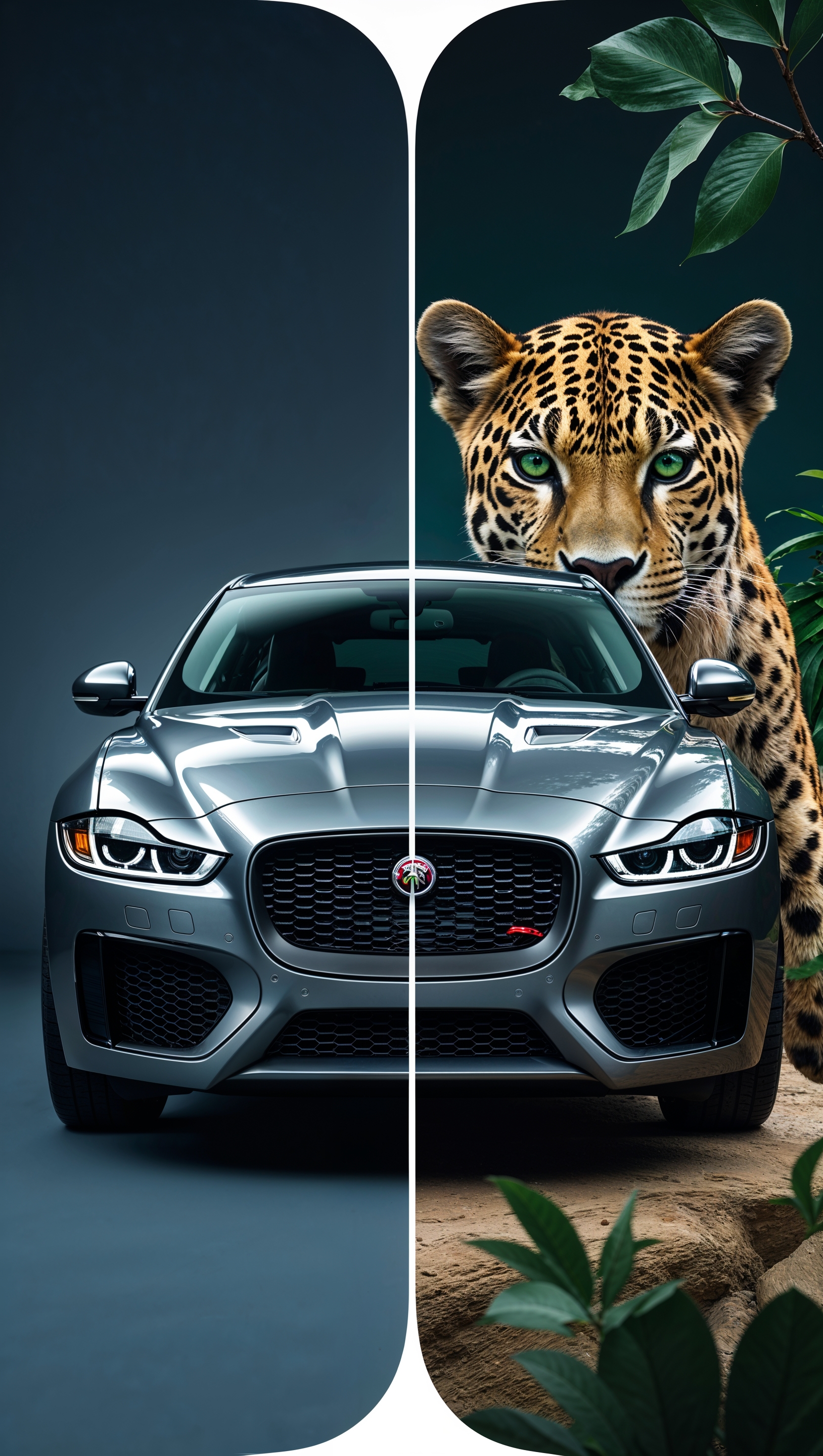 Split design, half jaguar car, half jaguar animal