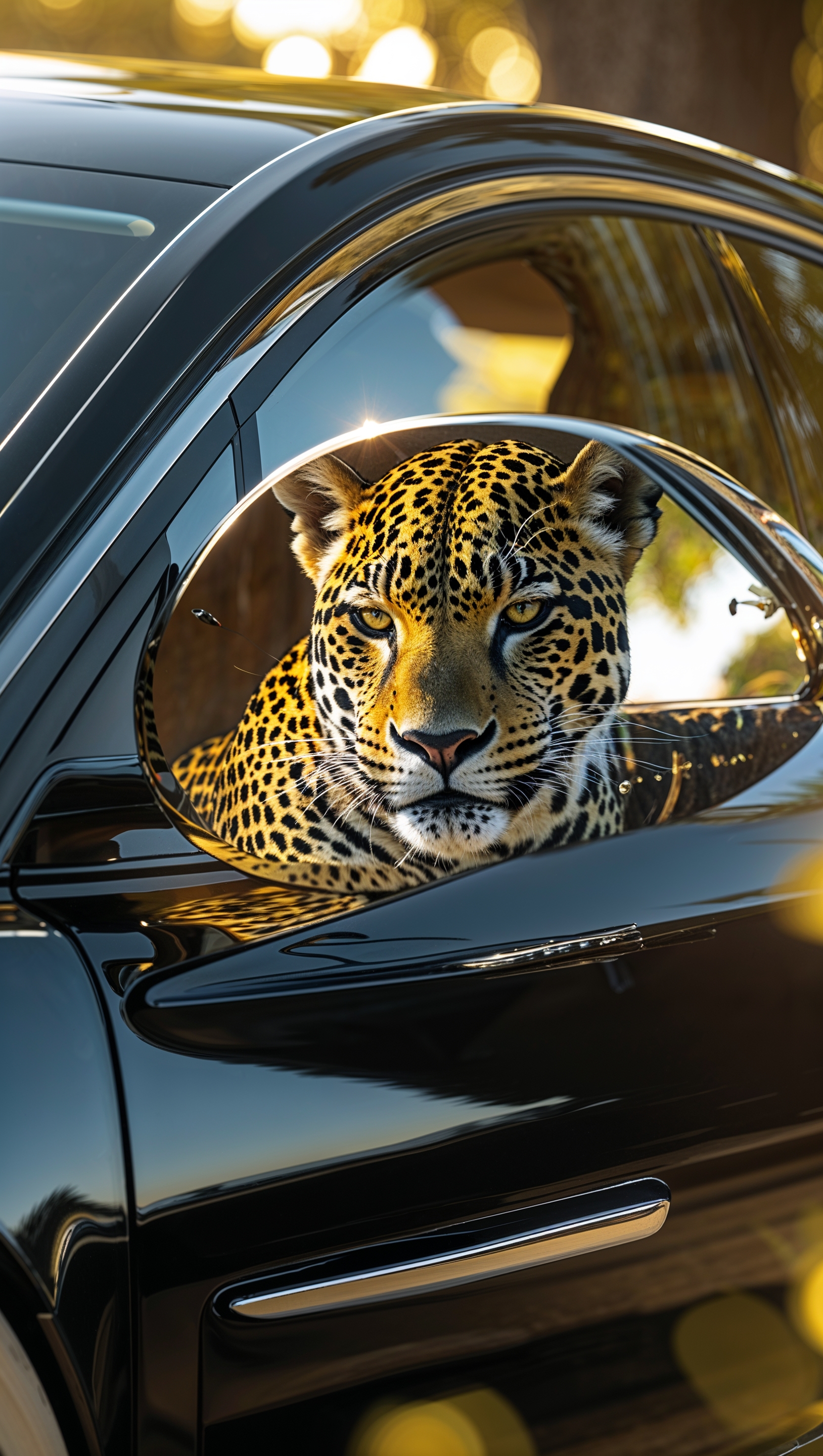Jaguar animal reflected in a Jaguar car’s side mirror