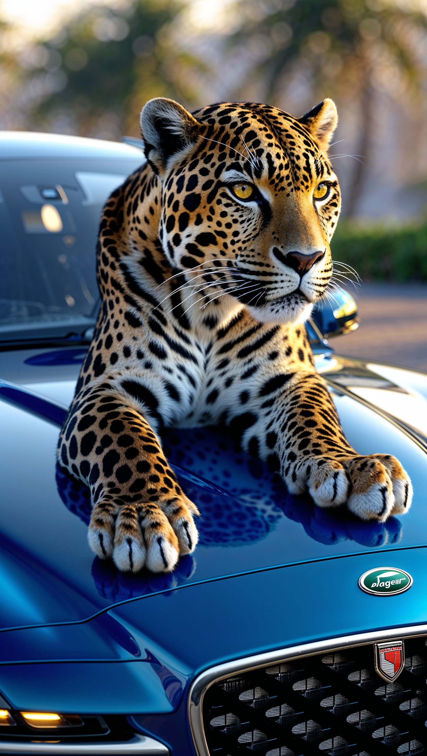 Jaguar animal sitting on the hood of a Jaguar car
