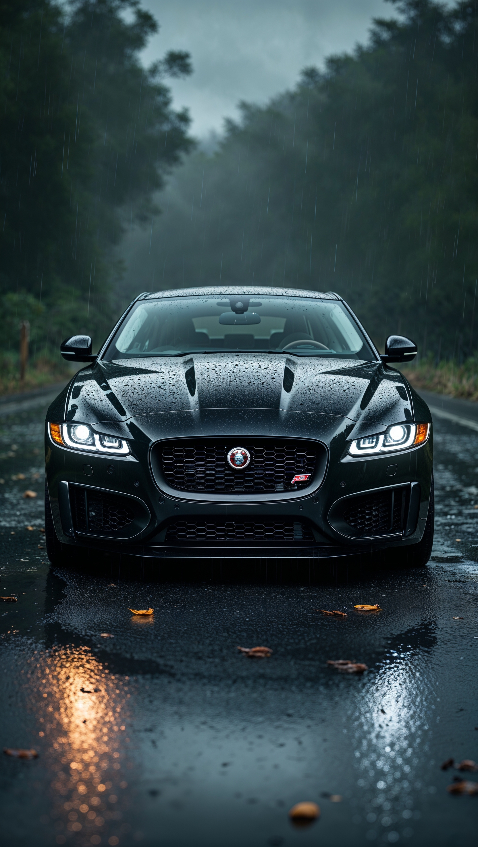 Jaguar parked on a rainy road