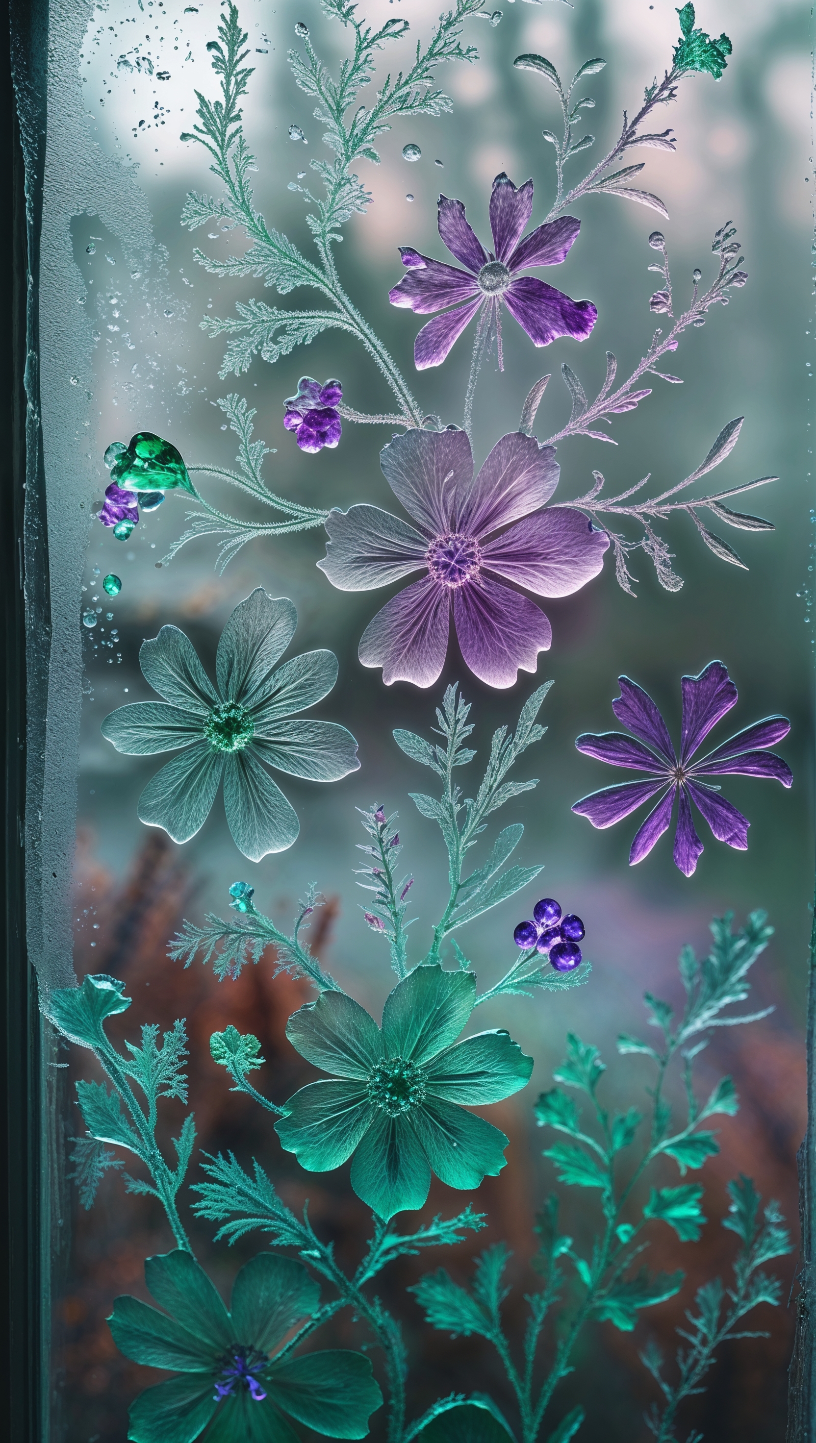 Frosty flower patterns on a window glass with a misty background, January iPhone wallpaper
