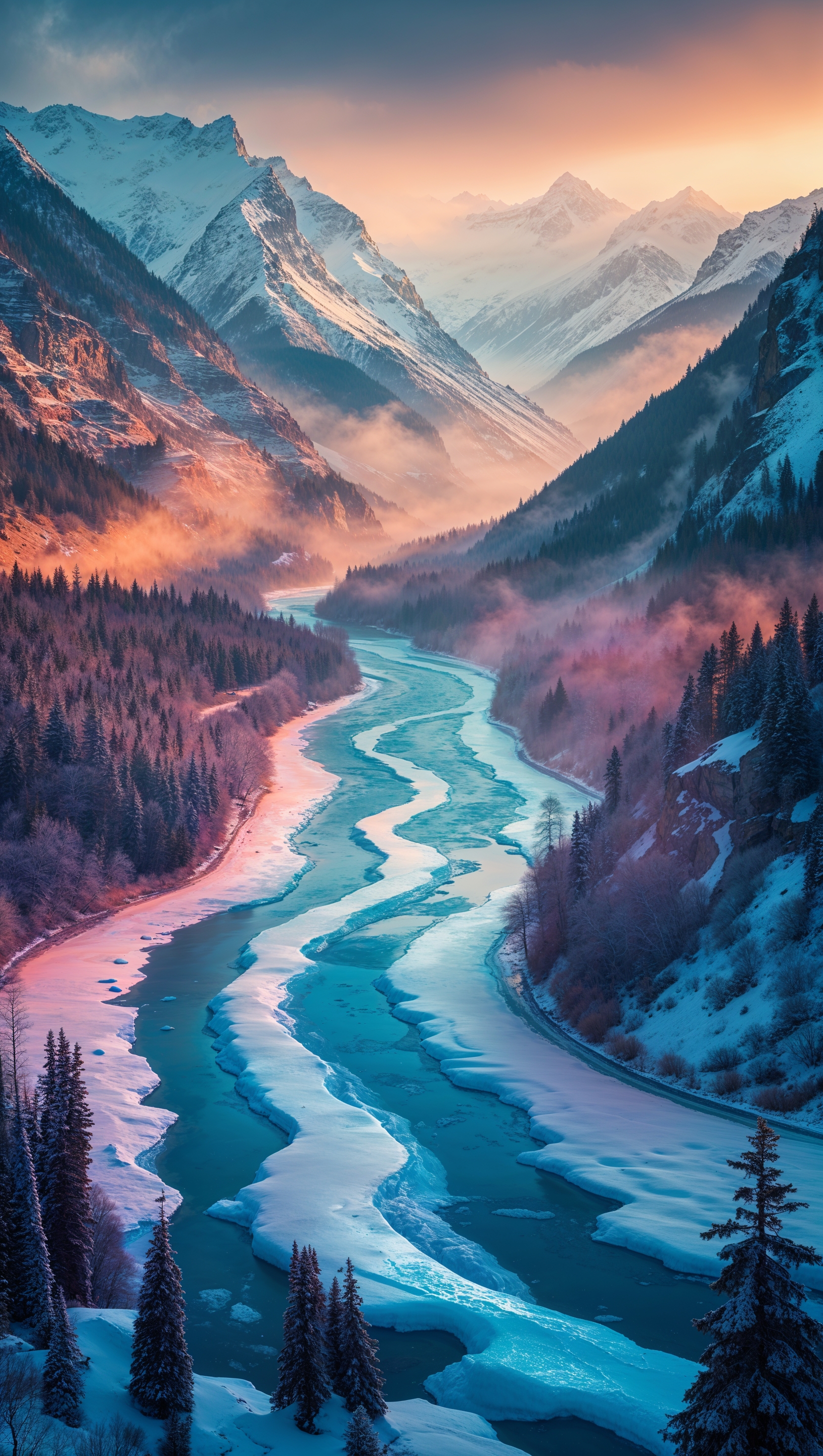A frozen river flowing through a beautiful valley, January iPhone wallpaper